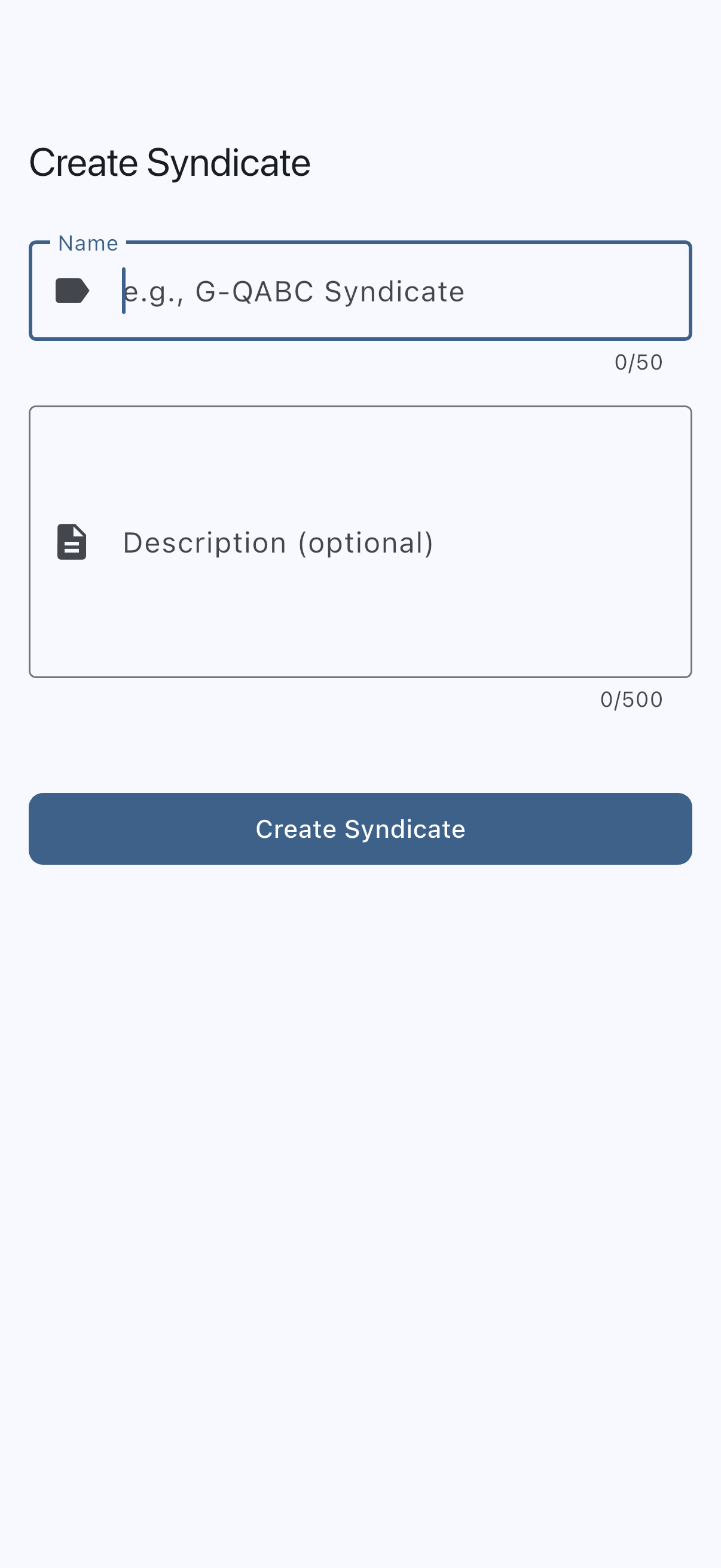 The Create Syndicate screen with the Name field, the optional Description field, and the Create Syndicate button
