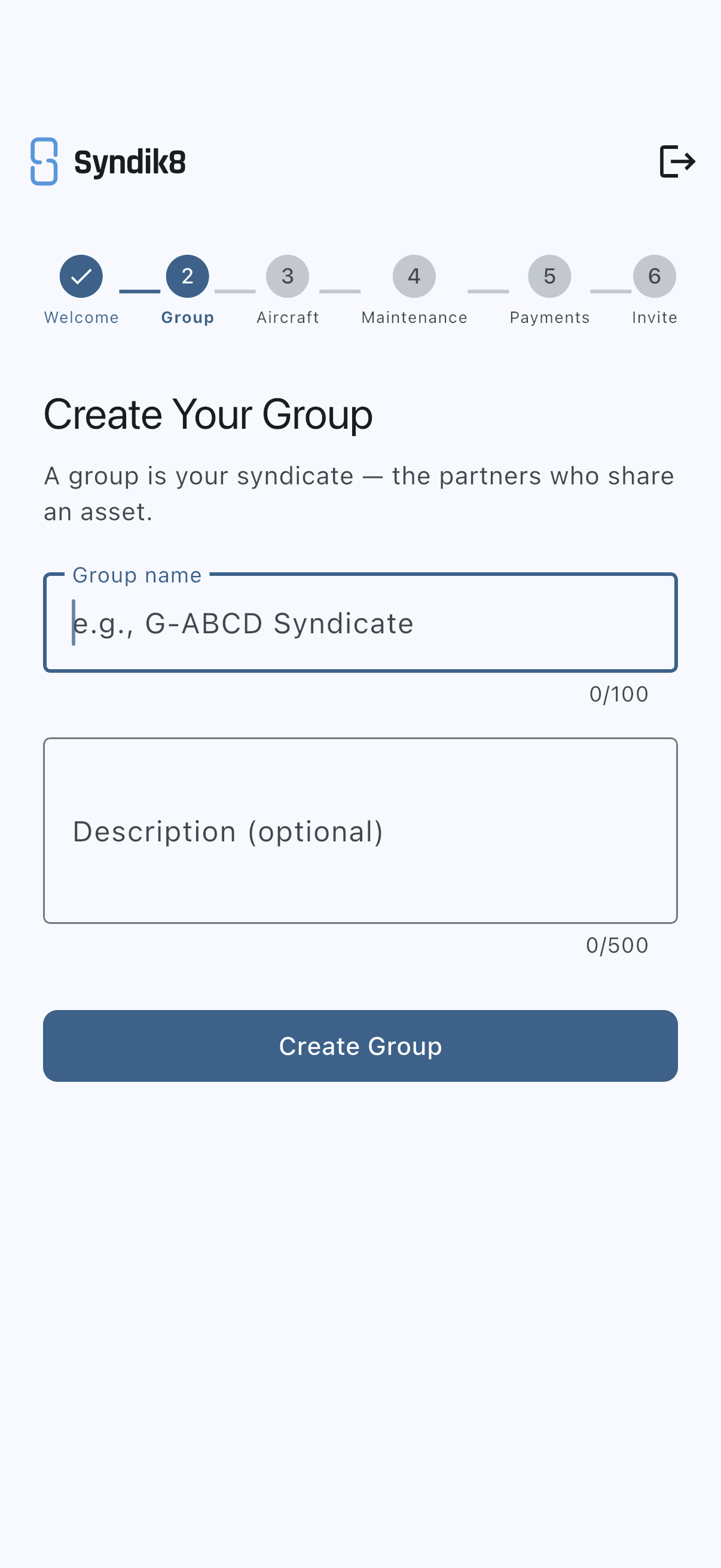 Create Your Group screen with name and description fields