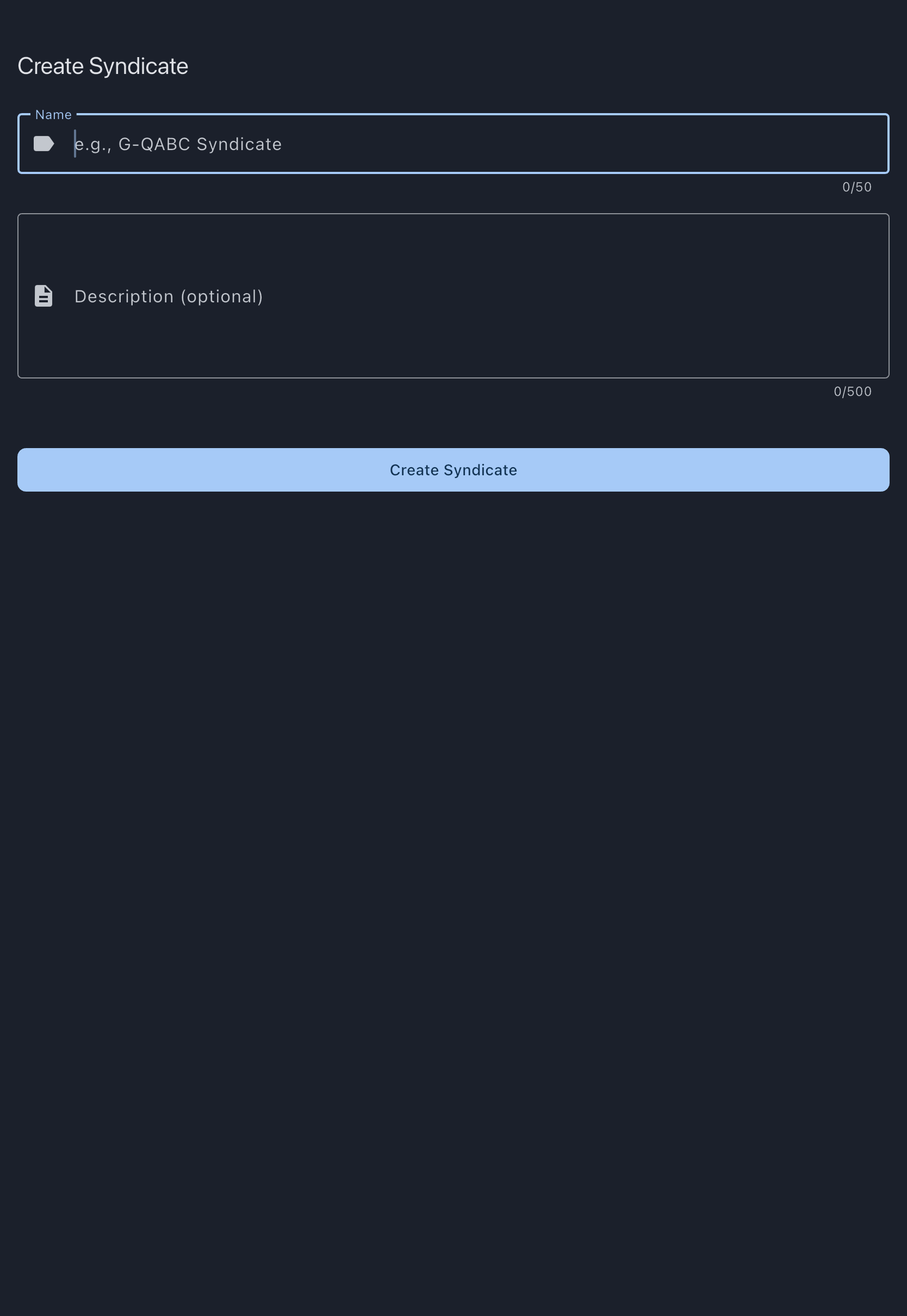 Create Syndicate screen with name and description fields