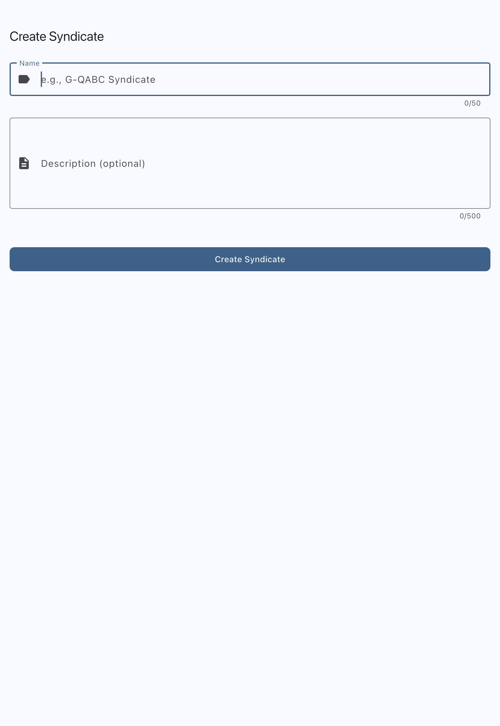 The Create Syndicate screen with the Name field, the optional Description field, and the Create Syndicate button