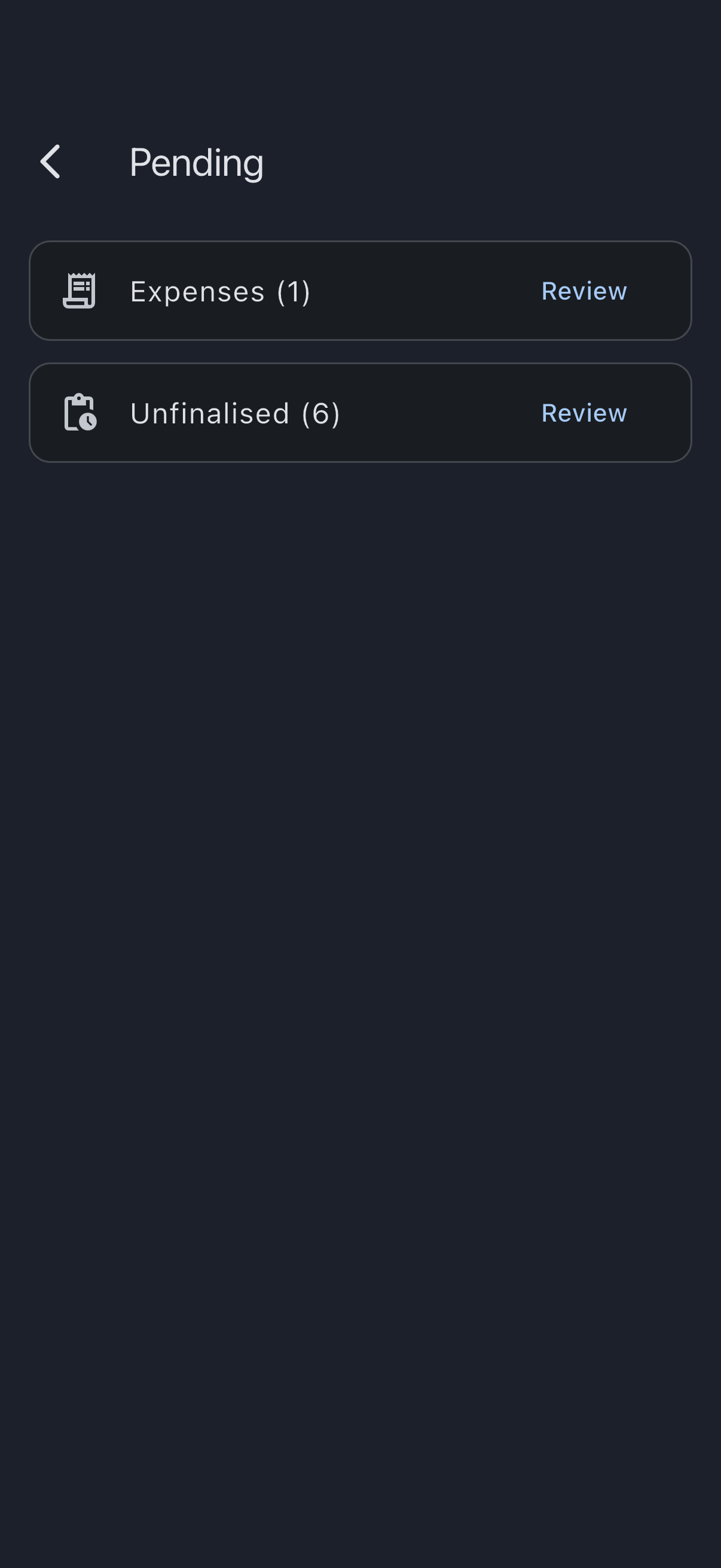 Admin Pending screen with the Unfinalised row and Review button