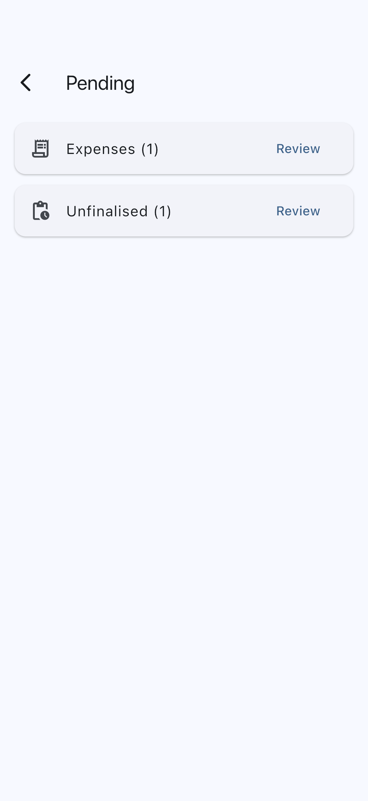 Admin Pending screen with the Unfinalised row and Review button