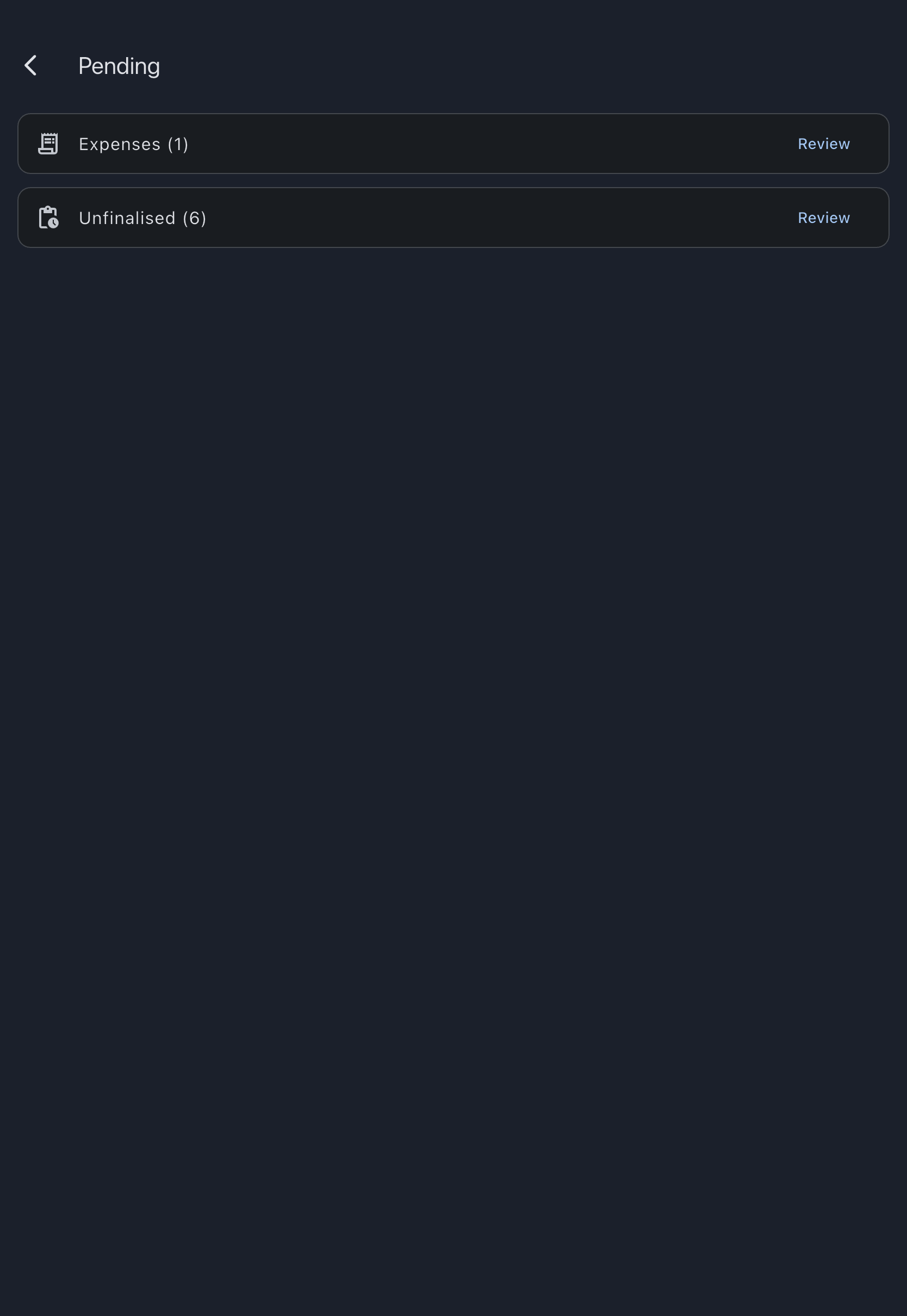 Admin Pending screen with the Unfinalised row and Review button