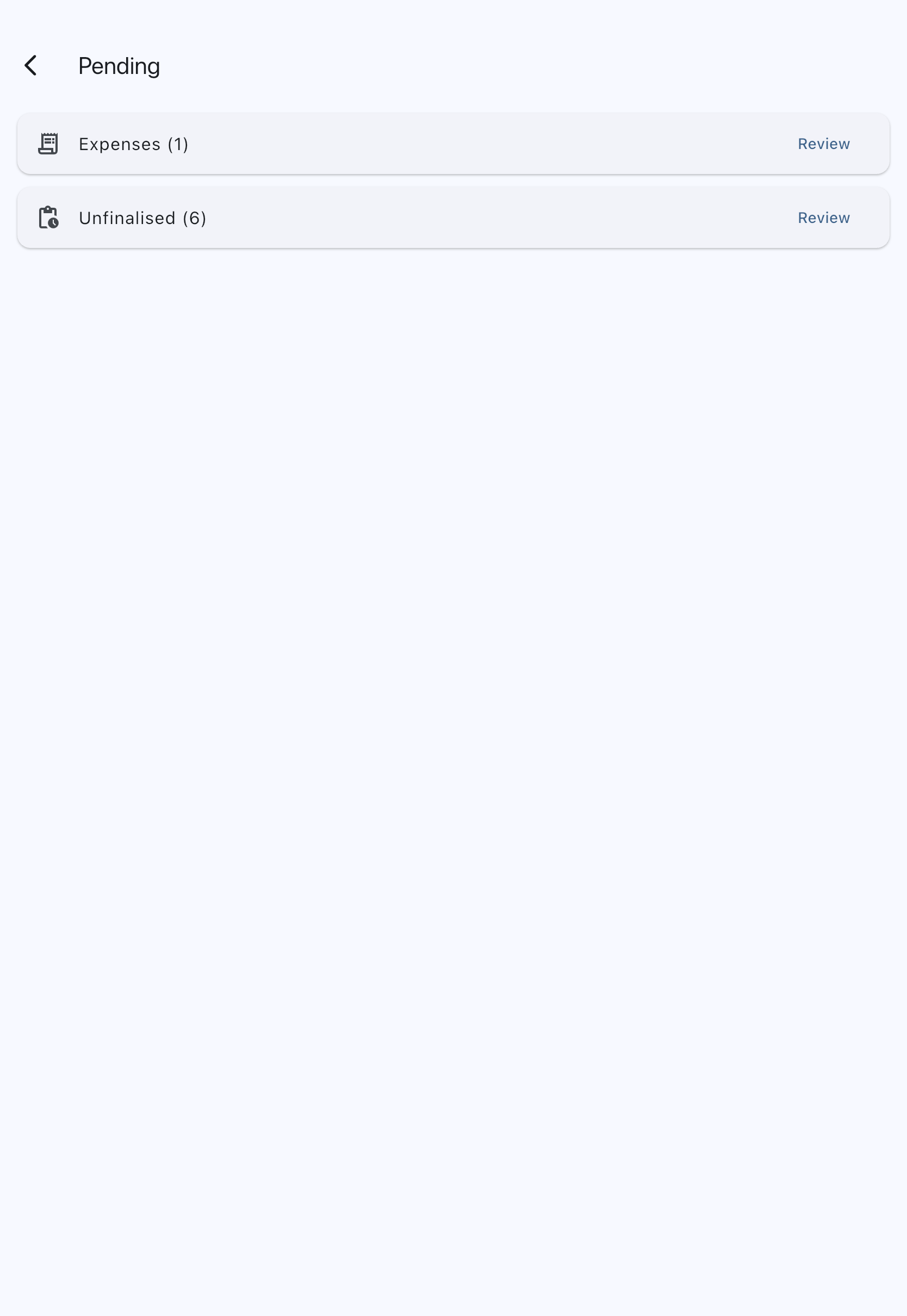 Admin Pending screen with the Unfinalised row and Review button