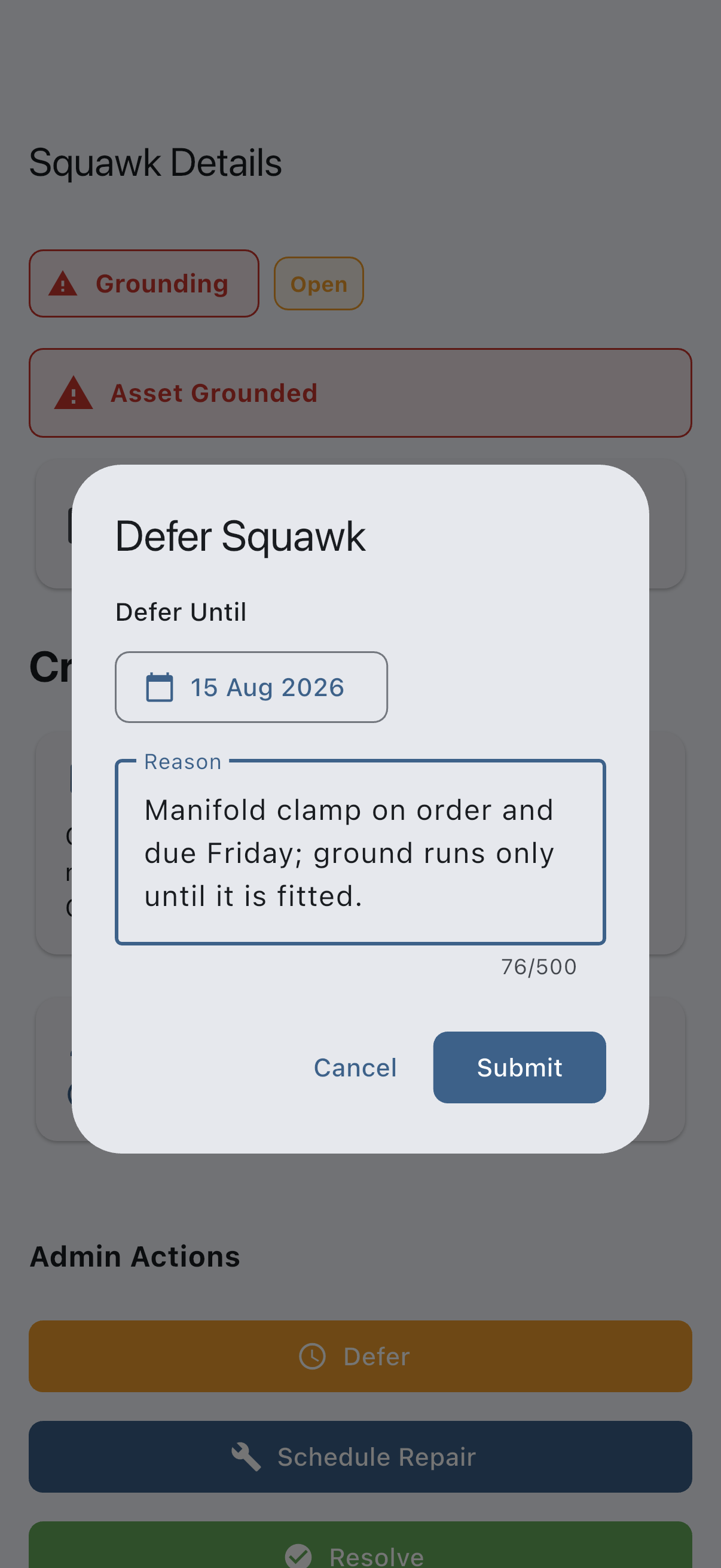 The Defer dialog with a Defer Until date selected and a reason explaining why the aircraft is safe to keep flying until that date