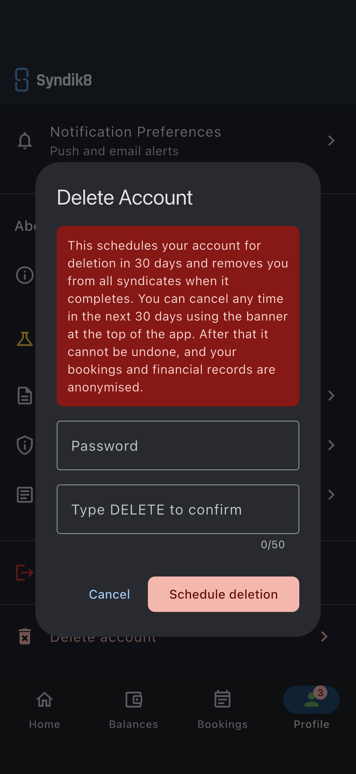 The Delete Account dialog showing the warning about the 30-day window and anonymised records, the empty Password field, the Type DELETE to confirm field, and the red Schedule deletion button
