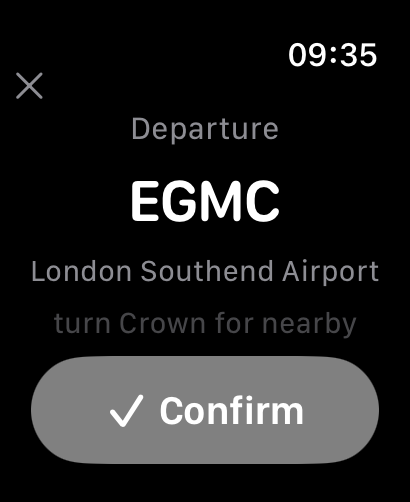 The Departure airfield step showing EGMC, London Southend Airport, picked from the nearby list, with turn Crown for nearby below and the Confirm button