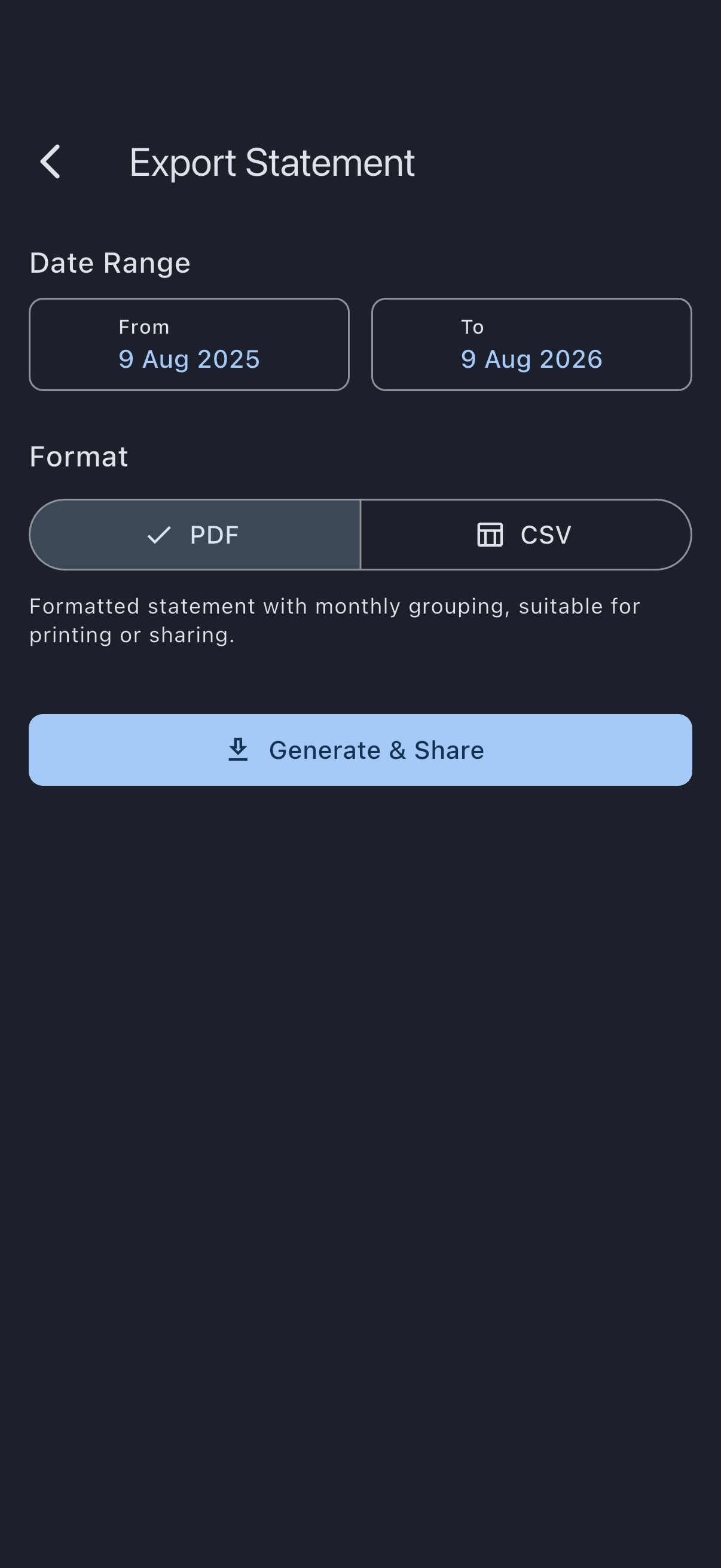 The Export Statement screen with From and To dates chosen, the PDF and CSV options, and the generate button
