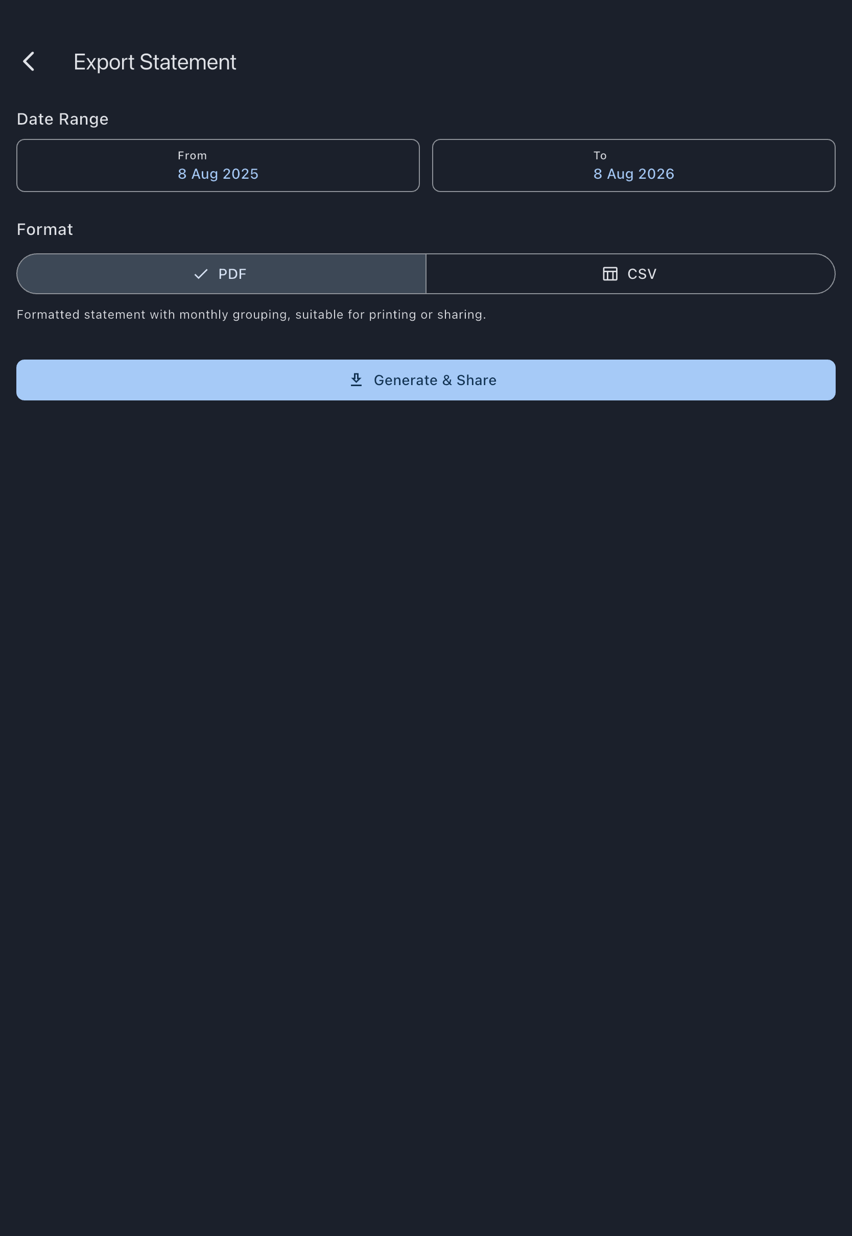 The Export Statement screen with From and To dates chosen, the PDF and CSV options, and the generate button