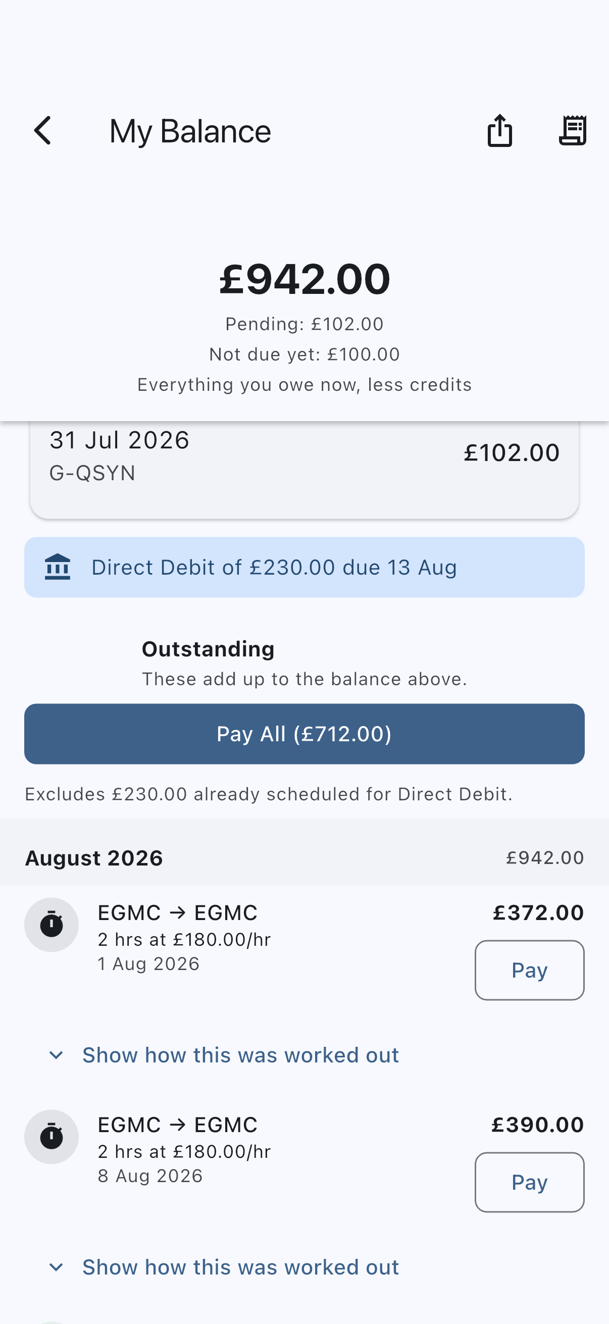 The My Balance screen with transactions grouped under month headings, each heading showing the month on the left and that month's net subtotal on the right
