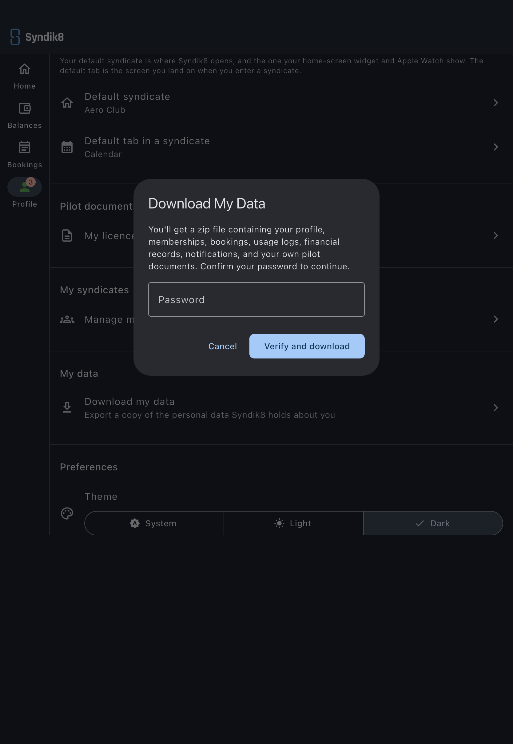 The Download My Data dialog listing what the export contains, with an empty Password field above the Cancel and Verify and download buttons