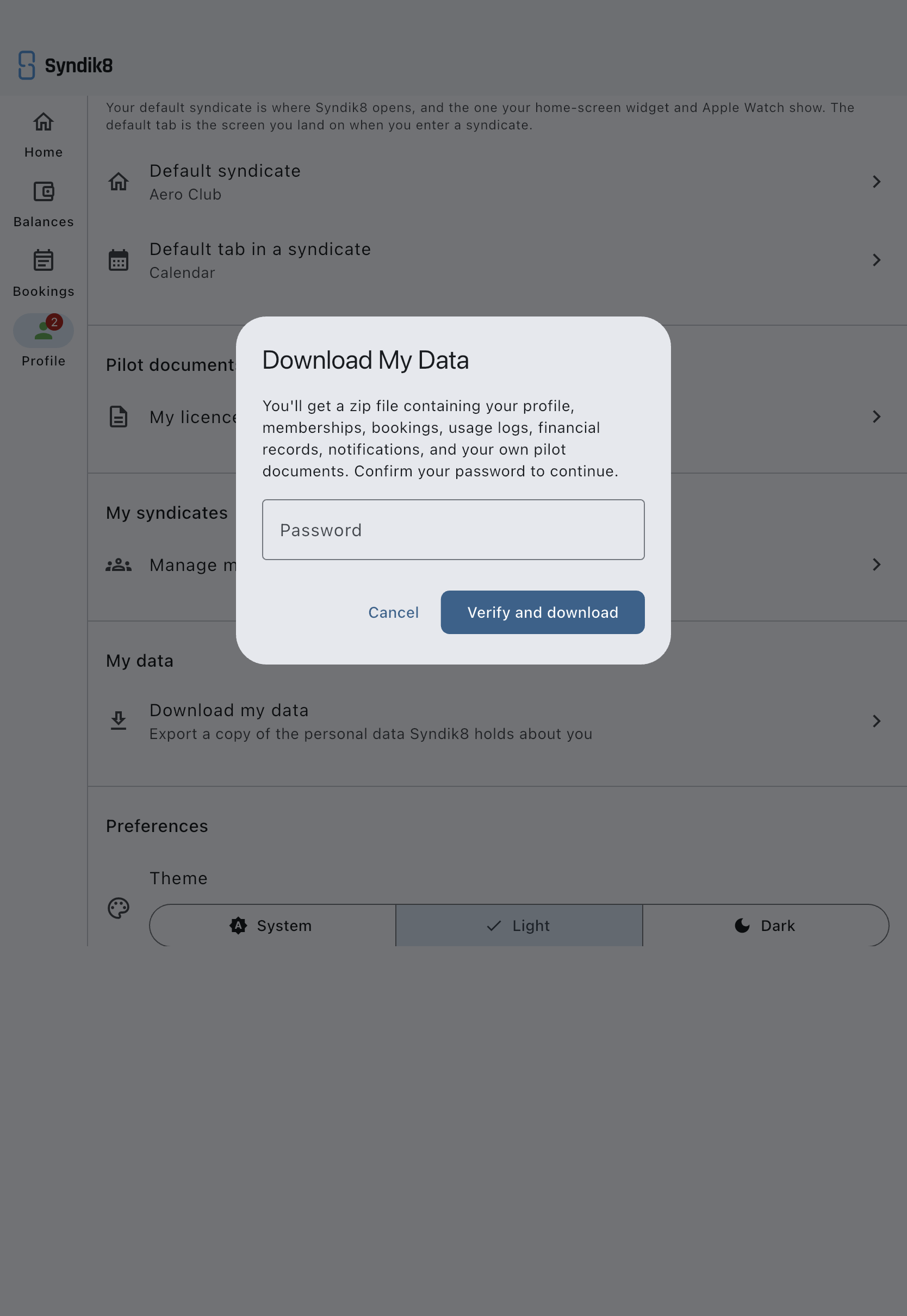The Download My Data dialog listing what the export contains, with an empty Password field above the Cancel and Verify and download buttons