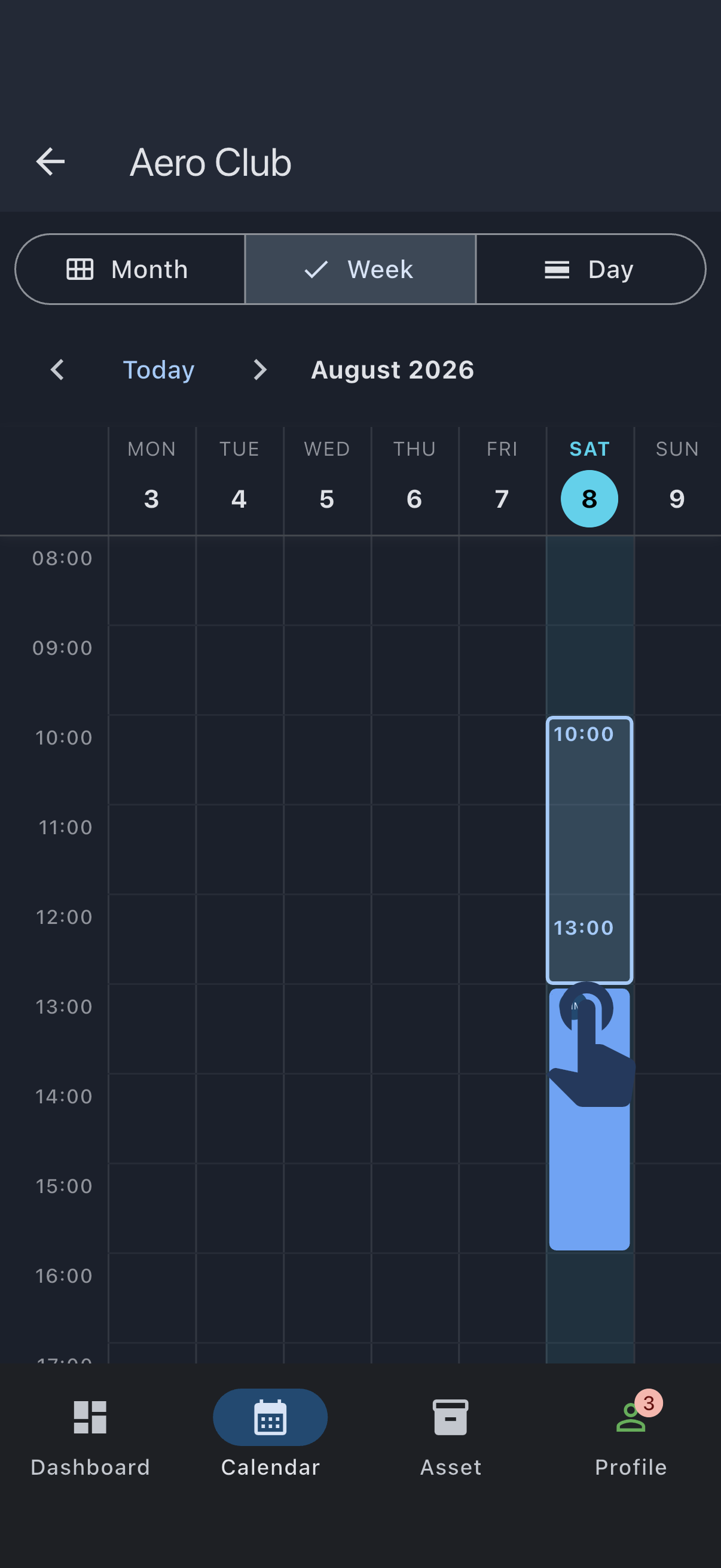 The calendar week view part-way through a drag, with the selected hours highlighted as a block on the grid