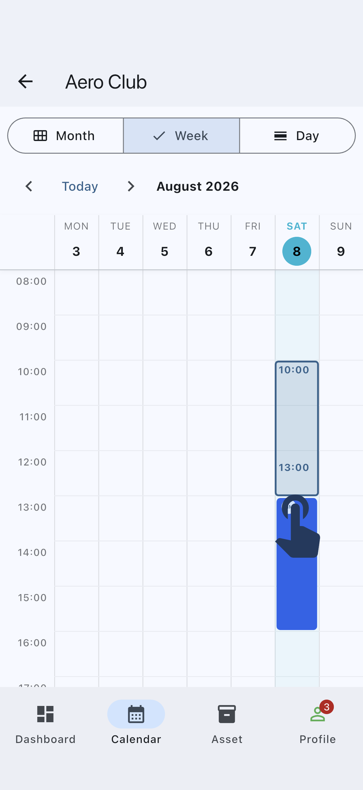 The calendar week view part-way through a drag, with the selected hours highlighted as a block on the grid