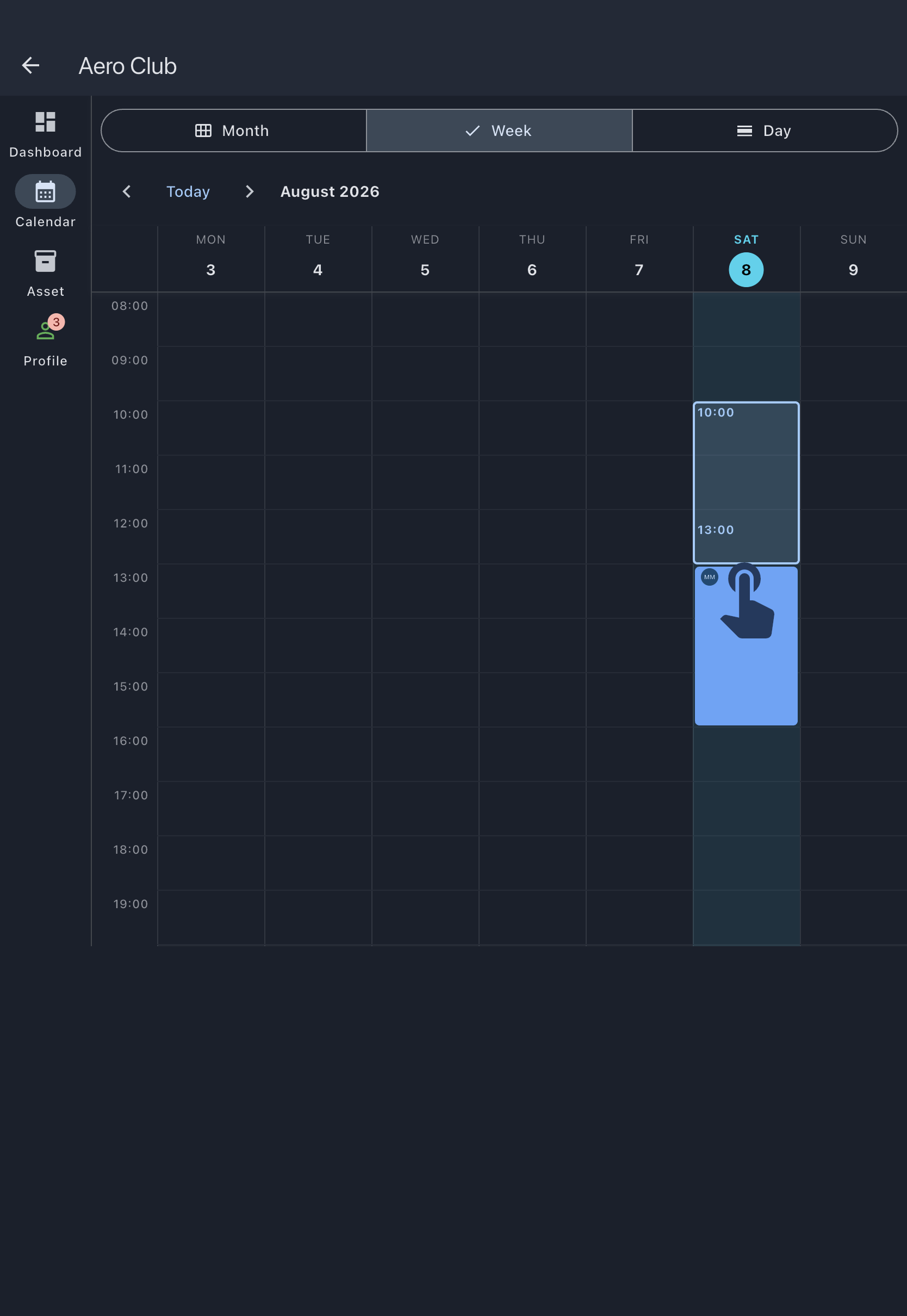 The calendar week view part-way through a drag, with the selected hours highlighted as a block on the grid