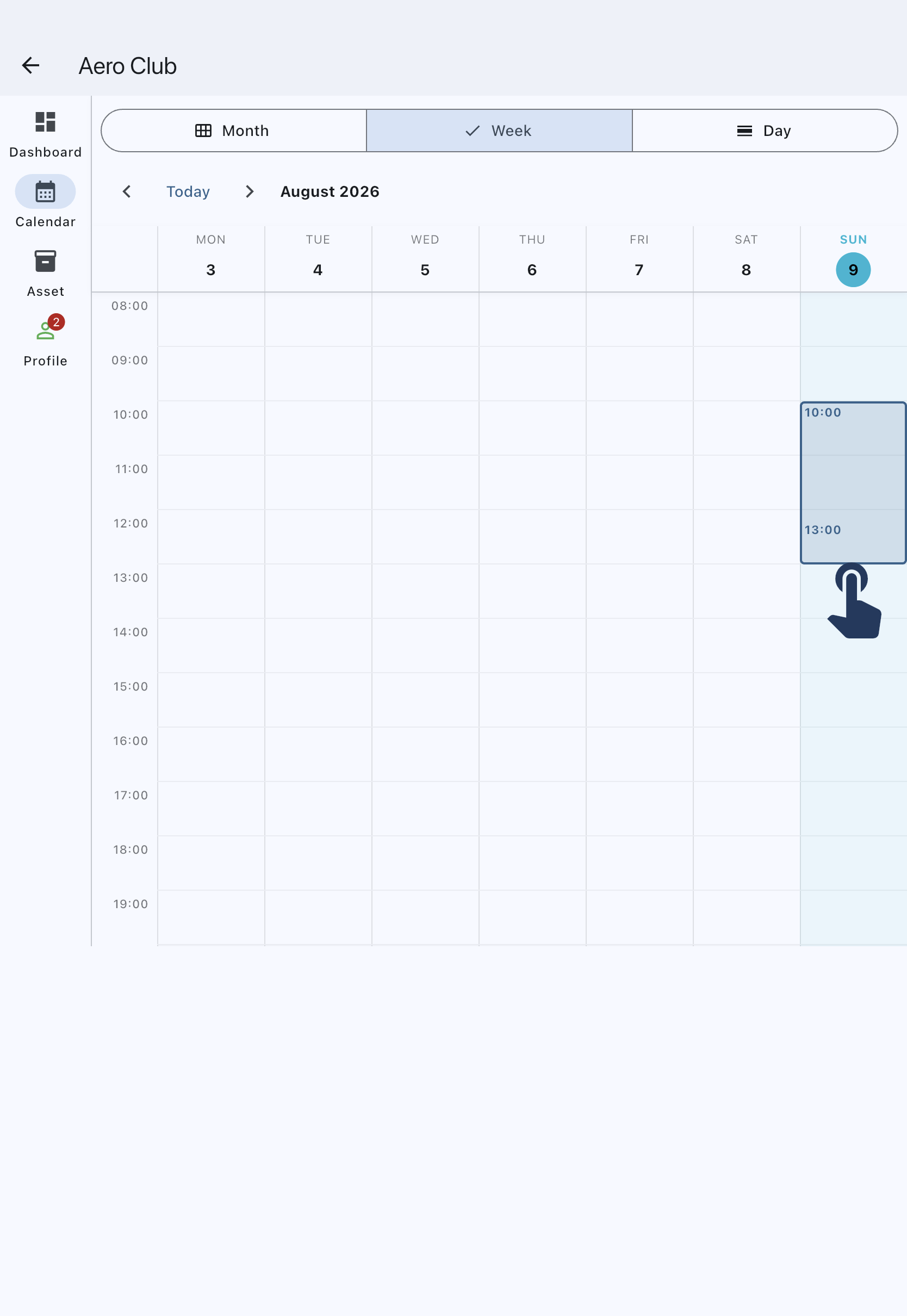 The calendar week view part-way through a drag, with the selected hours highlighted as a block on the grid