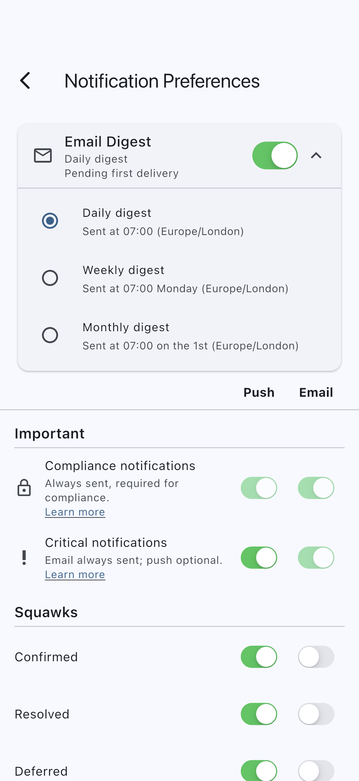 The Email Digest card expanded with its switch on, showing the Daily, Weekly and Monthly digest radios each with their send-time subtitle, and the Pending first delivery health line under the cadence in the card header