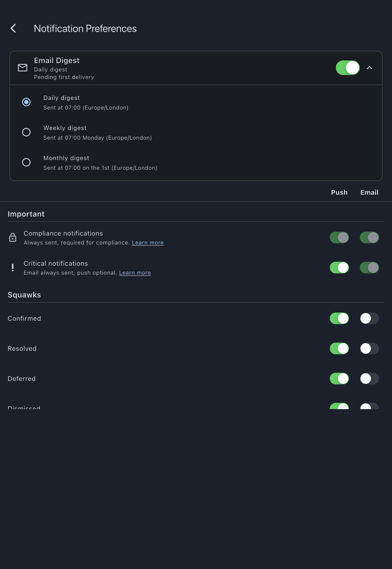 The Email Digest card expanded with its switch on, showing the Daily, Weekly and Monthly digest radios each with their send-time subtitle, and the Pending first delivery health line under the cadence in the card header