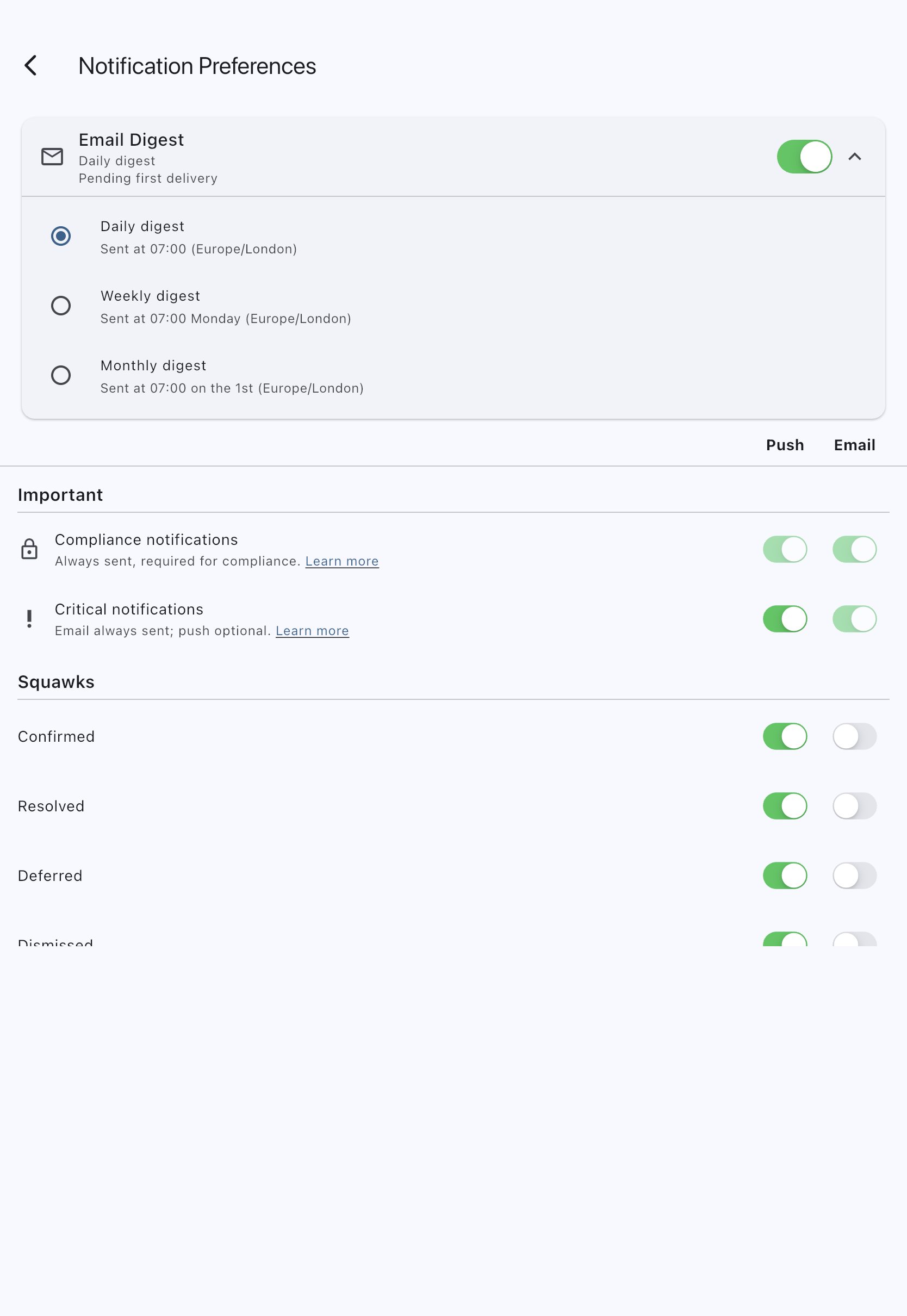 The Email Digest card expanded with its switch on, showing the Daily, Weekly and Monthly digest radios each with their send-time subtitle, and the Pending first delivery health line under the cadence in the card header