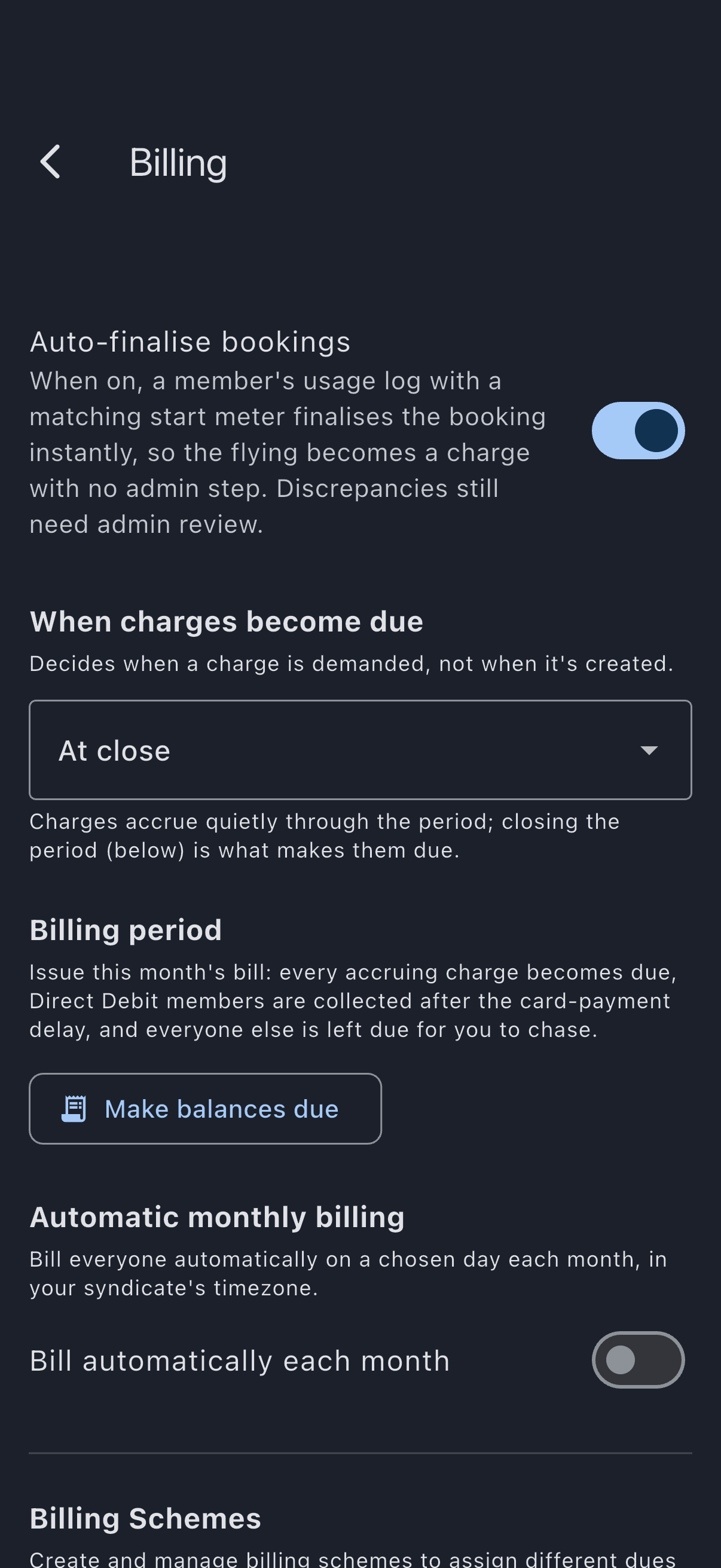 The Billing screen with the Auto-finalise bookings switch as its first control, turned on, above the When charges become due section