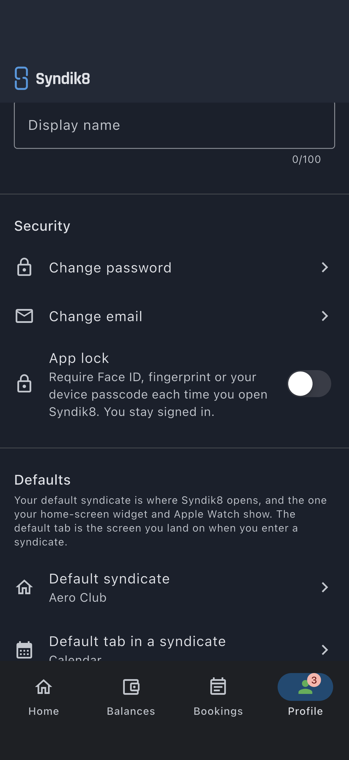 The Security section of the Profile screen showing the App lock row with its switch and the subtitle explaining that it requires Face ID, a fingerprint or your device passcode each time you open Syndik8