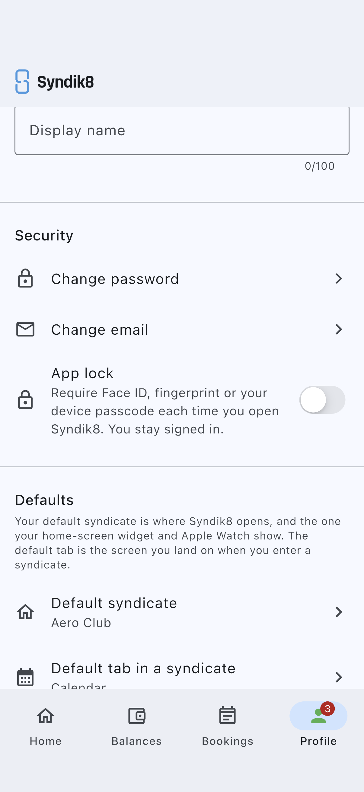 The Security section of the Profile screen showing the App lock row with its switch and the subtitle explaining that it requires Face ID, a fingerprint or your device passcode each time you open Syndik8