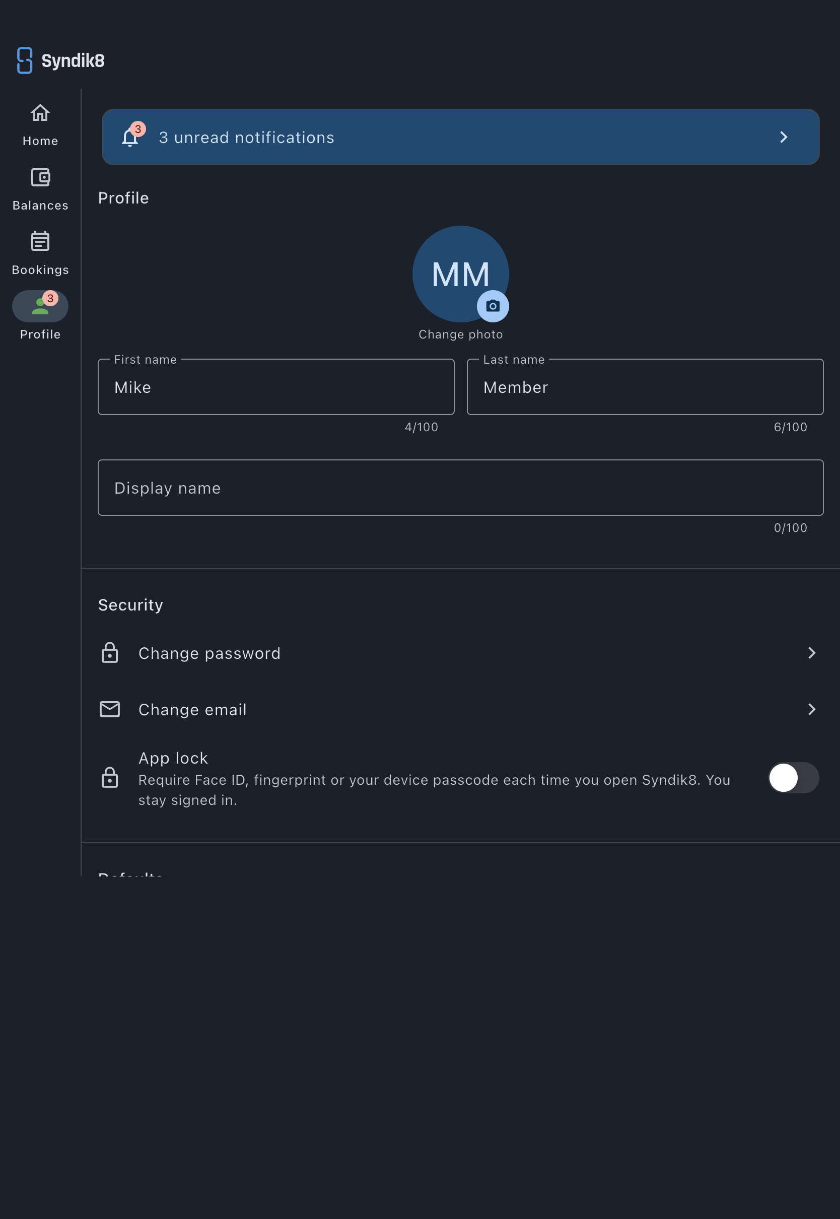 The Security section of the Profile screen showing the App lock row with its switch and the subtitle explaining that it requires Face ID, a fingerprint or your device passcode each time you open Syndik8