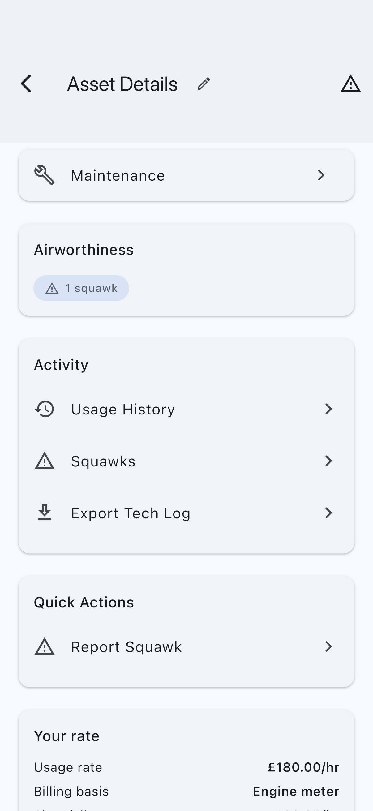 The Activity card on the aircraft's detail screen, listing Usage History, Squawks and the admin-only Export Tech Log row