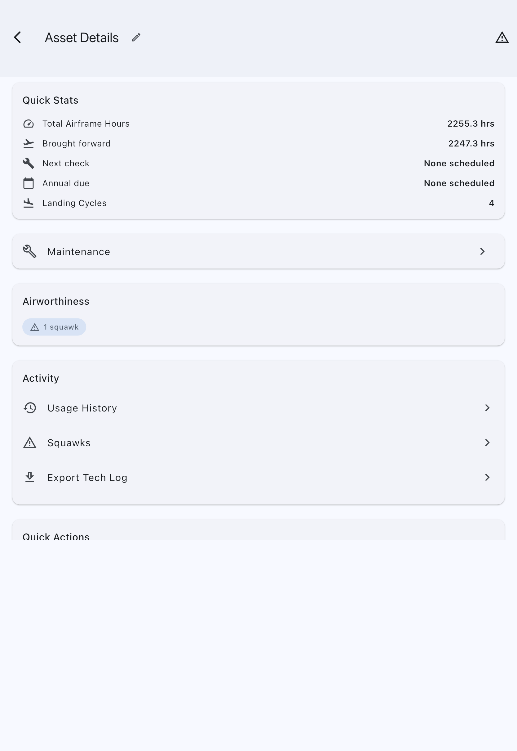 The Activity card on the aircraft's detail screen, listing Usage History, Squawks and the admin-only Export Tech Log row