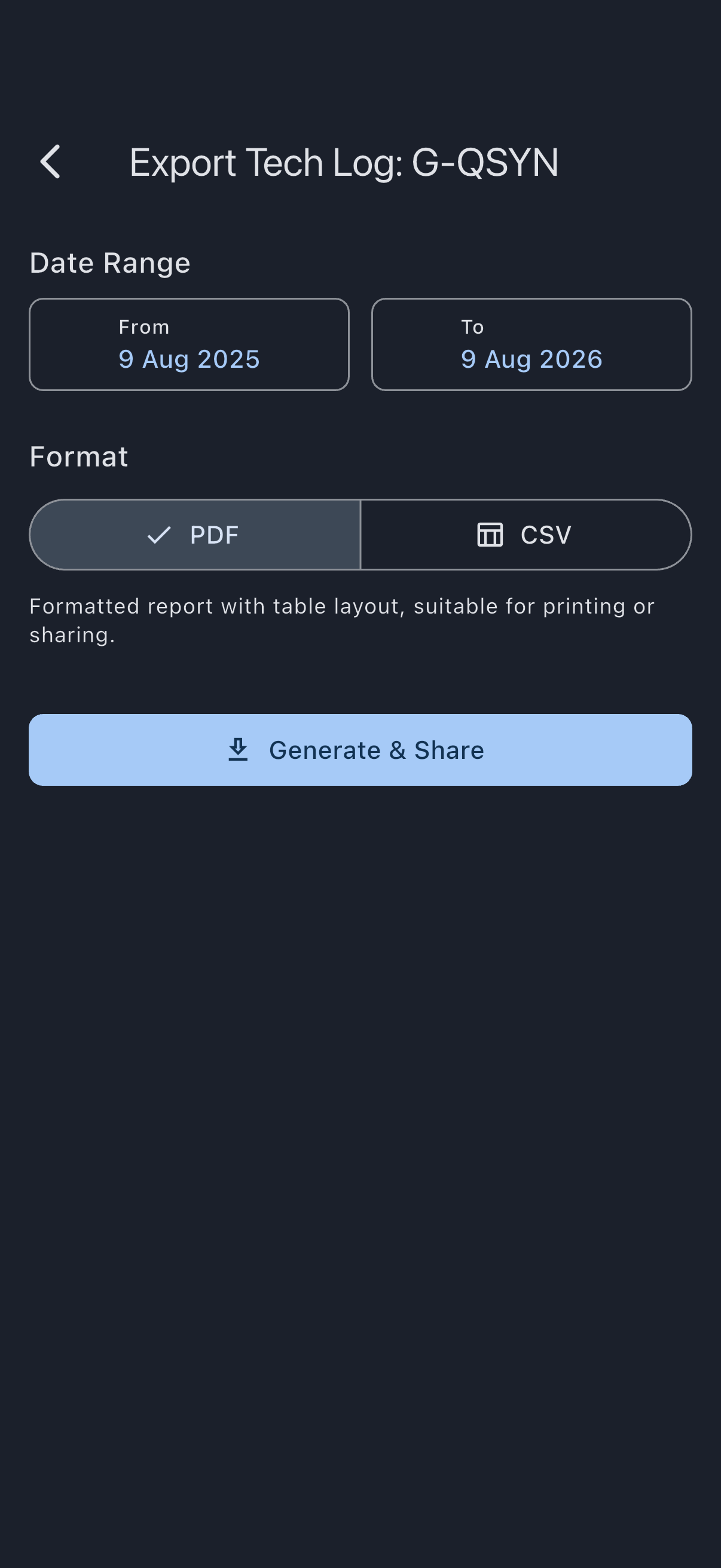 The Export Tech Log screen for G-QSYN: under the Date Range heading, a note that dates are read as UTC days rather than local ones, then the From and To date buttons, the PDF and CSV format segments with the selected format's description beneath them, and the Generate and Share button