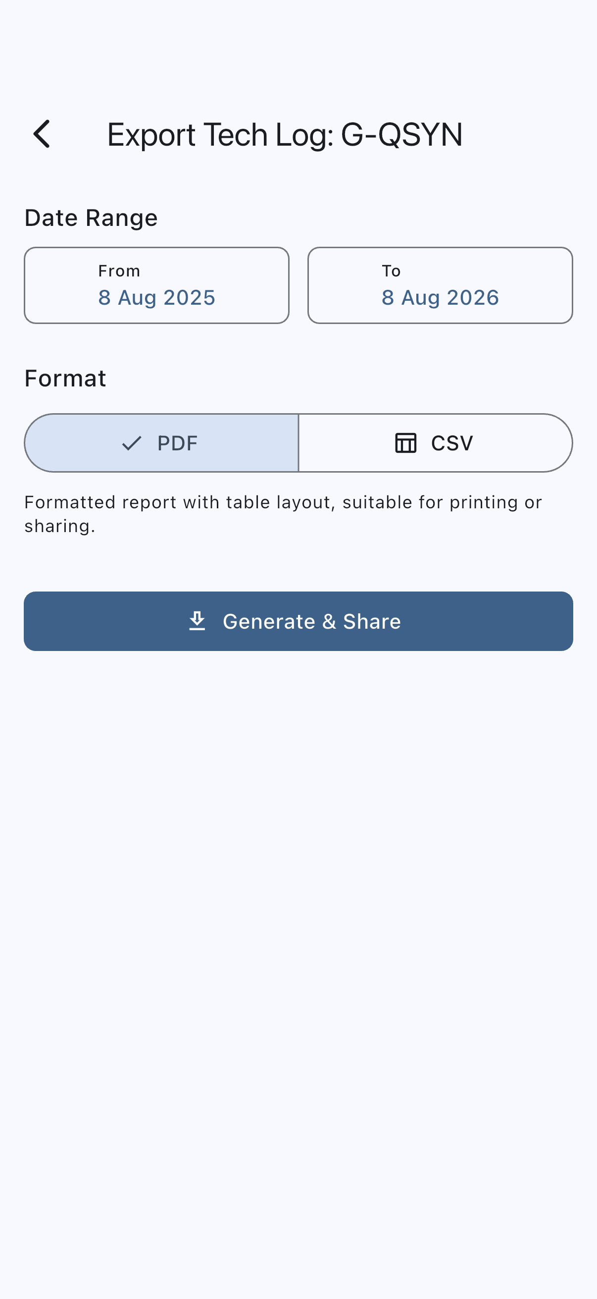 The Export Tech Log screen for G-QSYN: under the Date Range heading, a note that dates are read as UTC days rather than local ones, then the From and To date buttons, the PDF and CSV format segments with the selected format's description beneath them, and the Generate and Share button