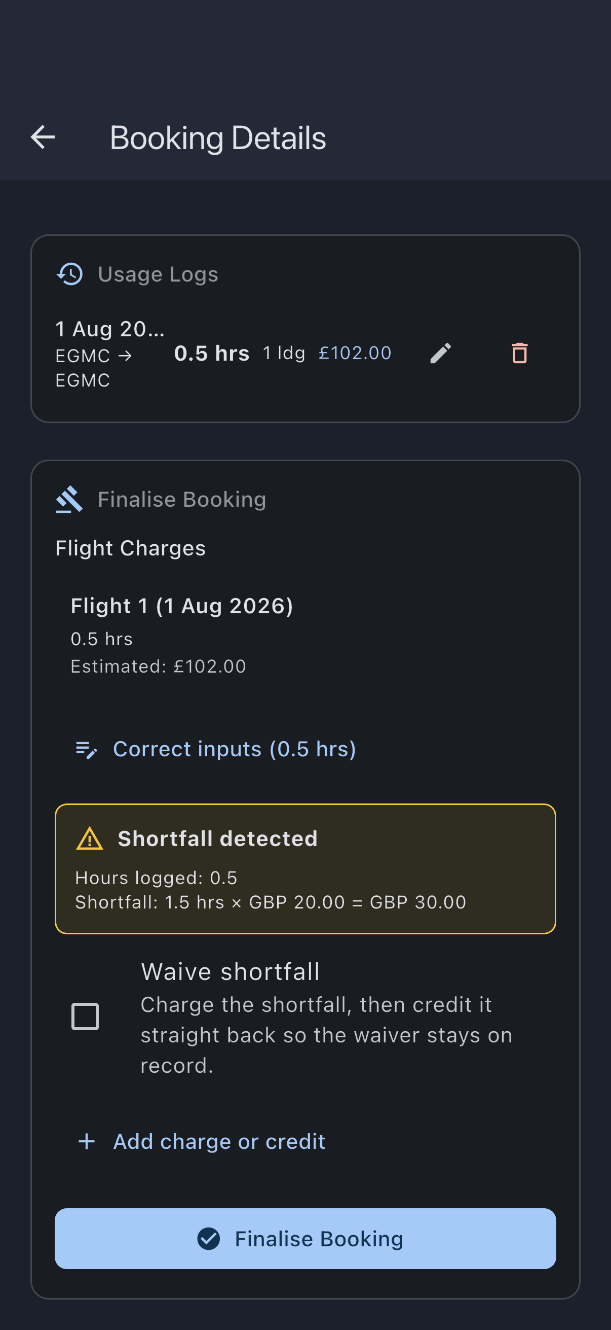 The Finalise Booking section of a booking detail screen, with the per-flight charge breakdown, the shortfall preview and the Waive shortfall checkbox