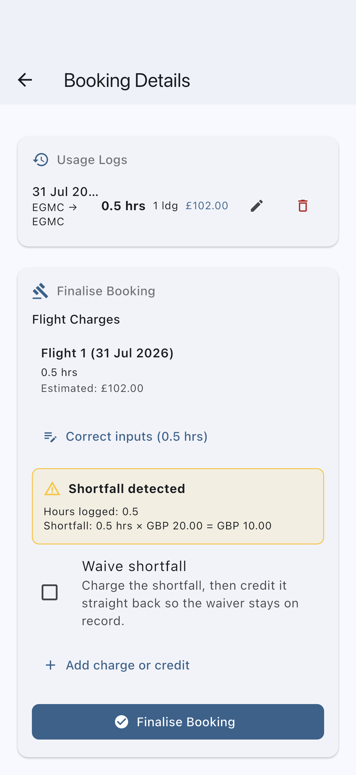 The Finalise Booking section of a booking detail screen, with the per-flight charge breakdown, the shortfall preview and the Waive shortfall checkbox
