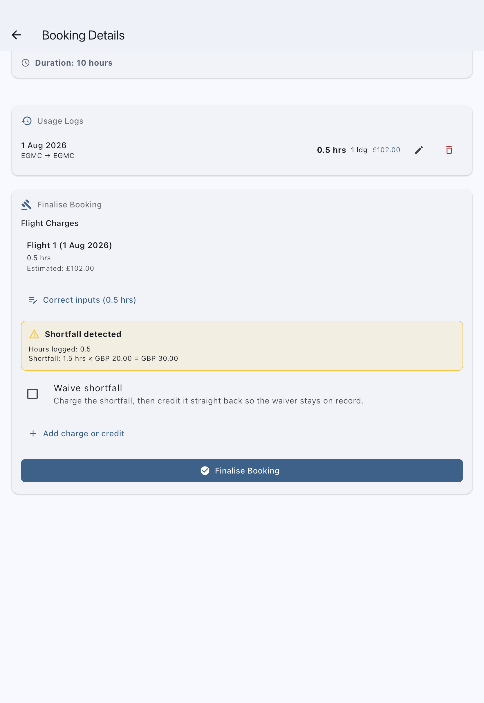 The Finalise Booking section of a booking detail screen, with the per-flight charge breakdown, the shortfall preview and the Waive shortfall checkbox