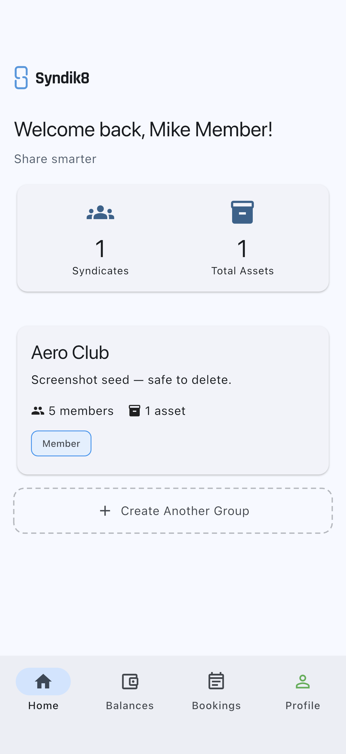 Home screen after accepting an invite, with a new card for the syndicate you just joined