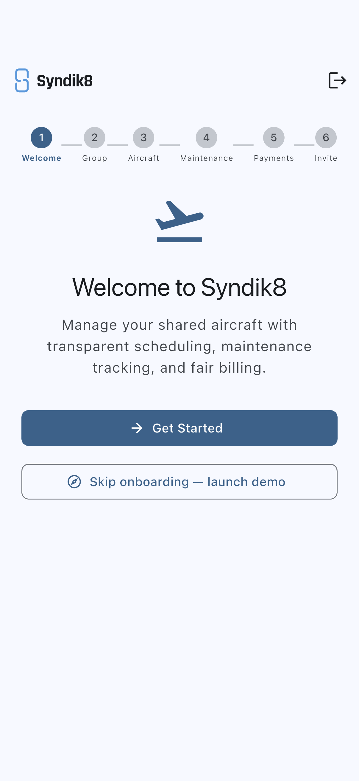 Home screen on a fresh account, prompting you to create or join a syndicate