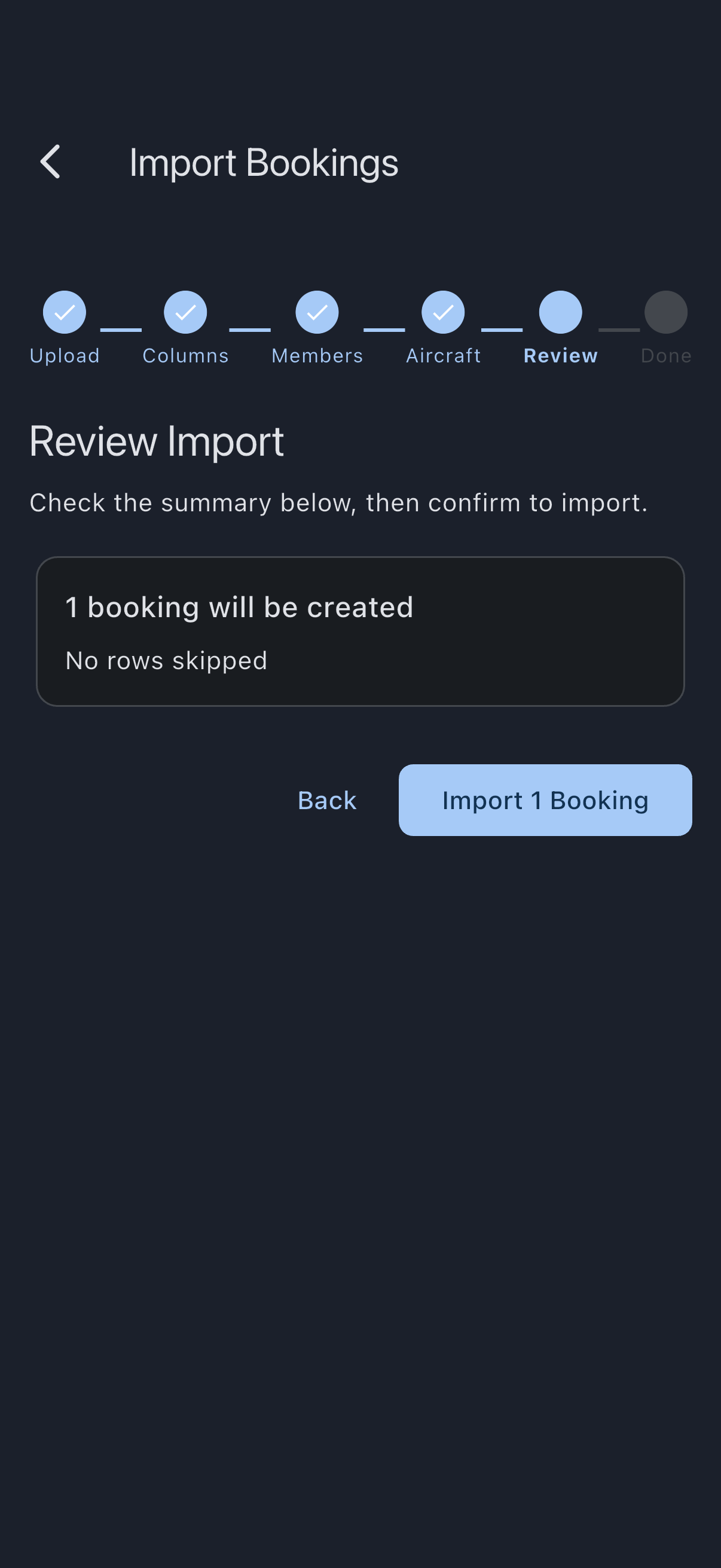 The Review Import step of the import wizard, showing the count of bookings that will be created, the skipped-row summary, and the Import Bookings button carrying the same count