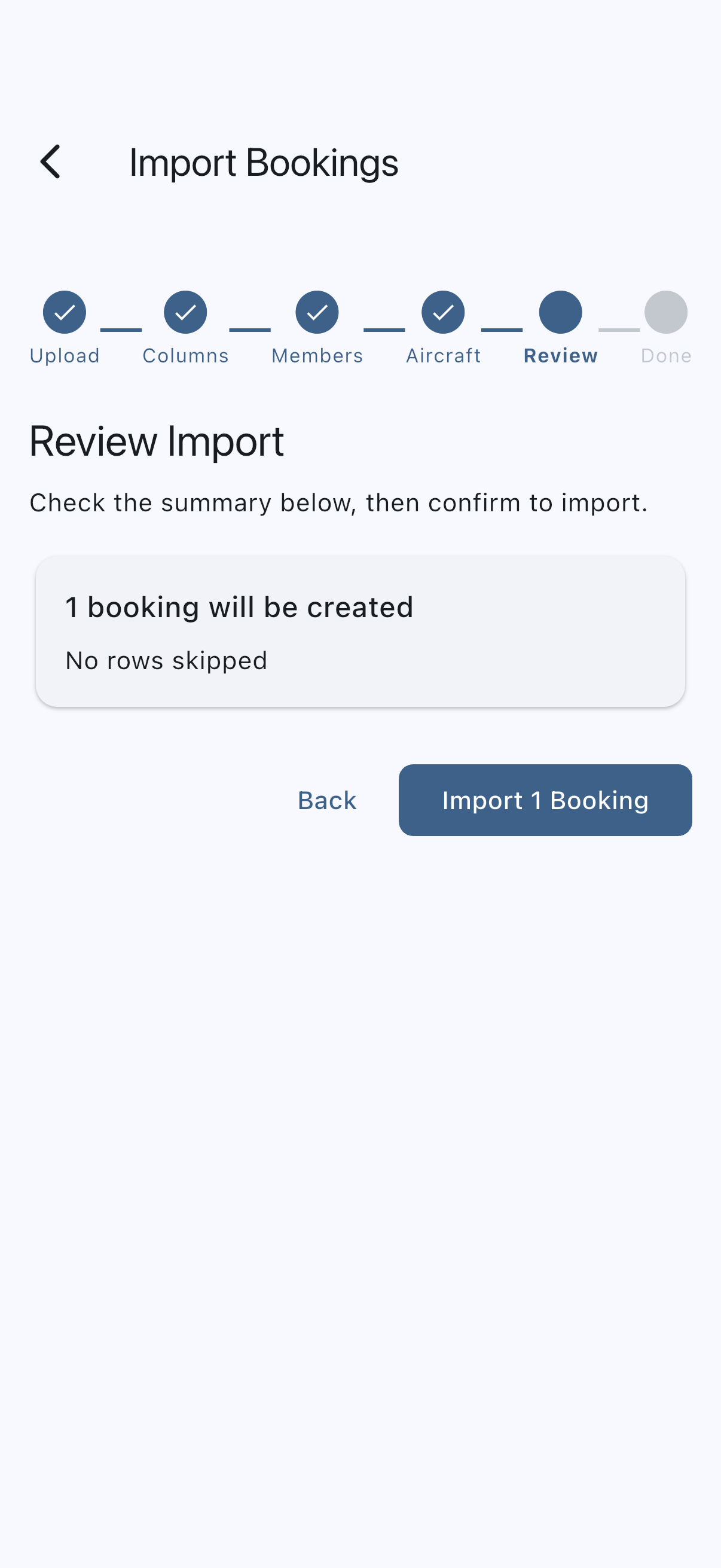The Review Import step of the import wizard, showing the count of bookings that will be created, the skipped-row summary, and the Import Bookings button carrying the same count