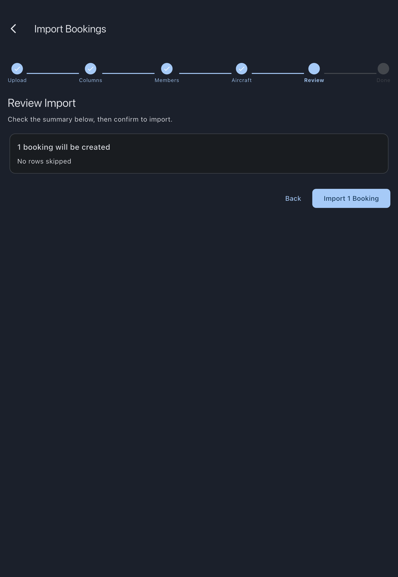 The Review Import step of the import wizard, showing the count of bookings that will be created, the skipped-row summary, and the Import Bookings button carrying the same count