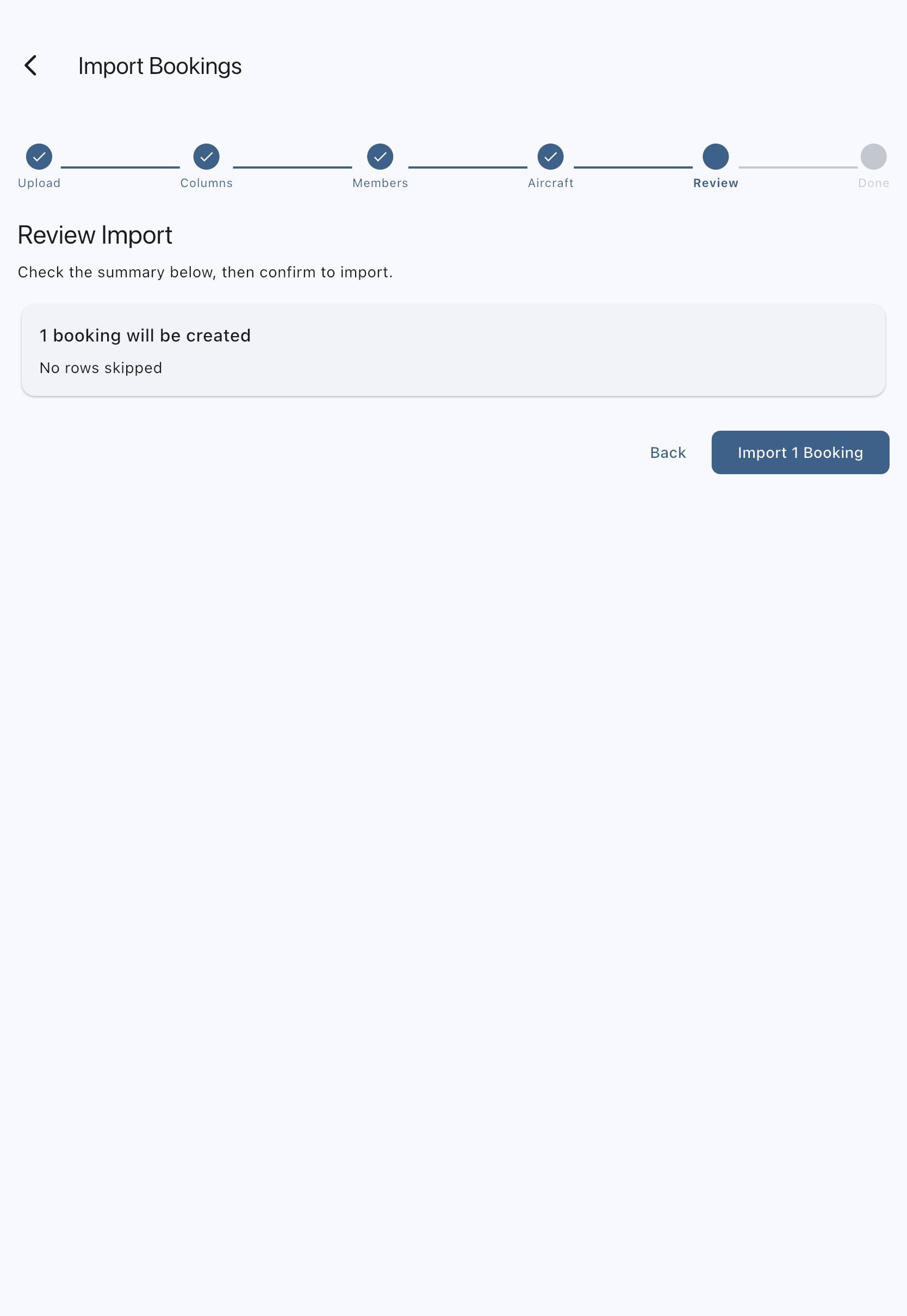 The Review Import step of the import wizard, showing the count of bookings that will be created, the skipped-row summary, and the Import Bookings button carrying the same count
