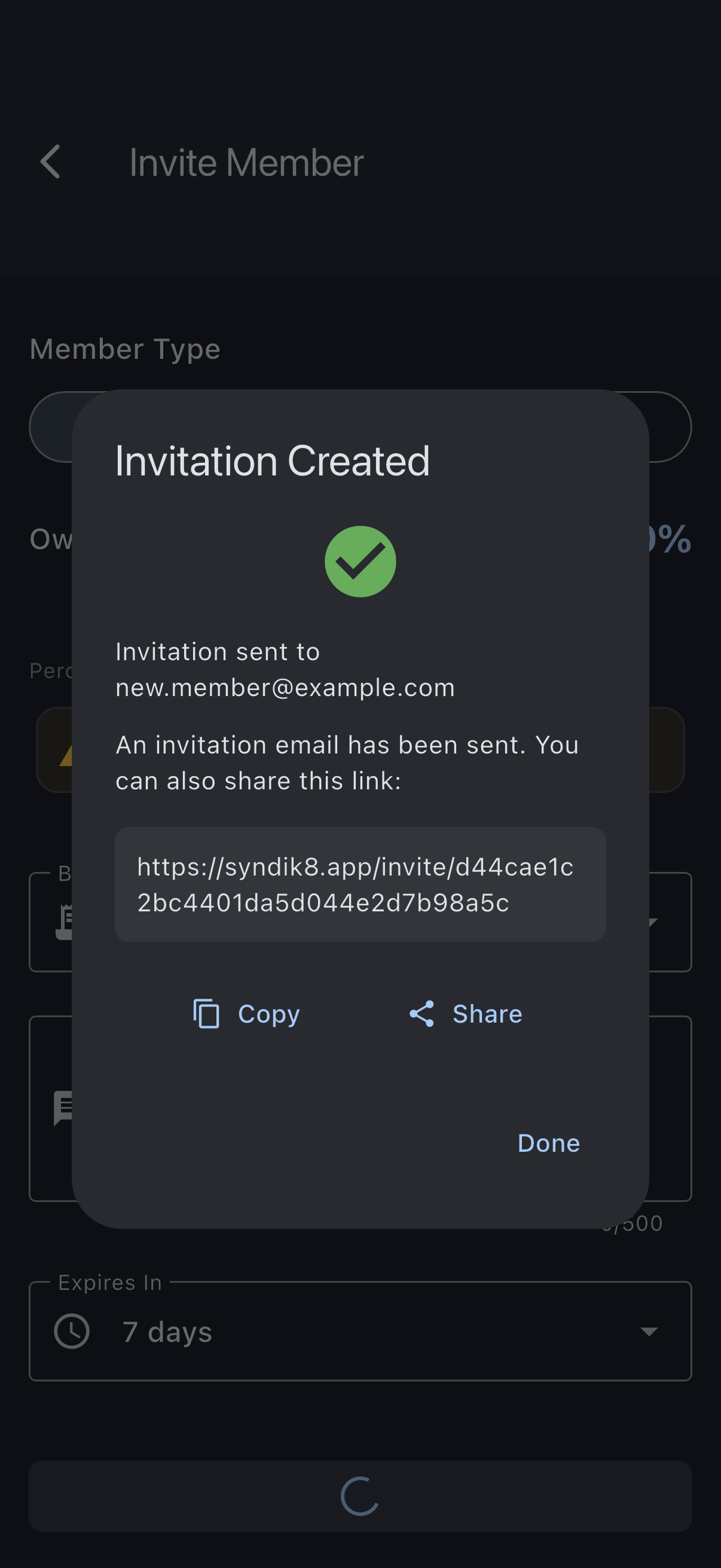 Invitation Created dialog with the shareable link, Copy, and Share controls