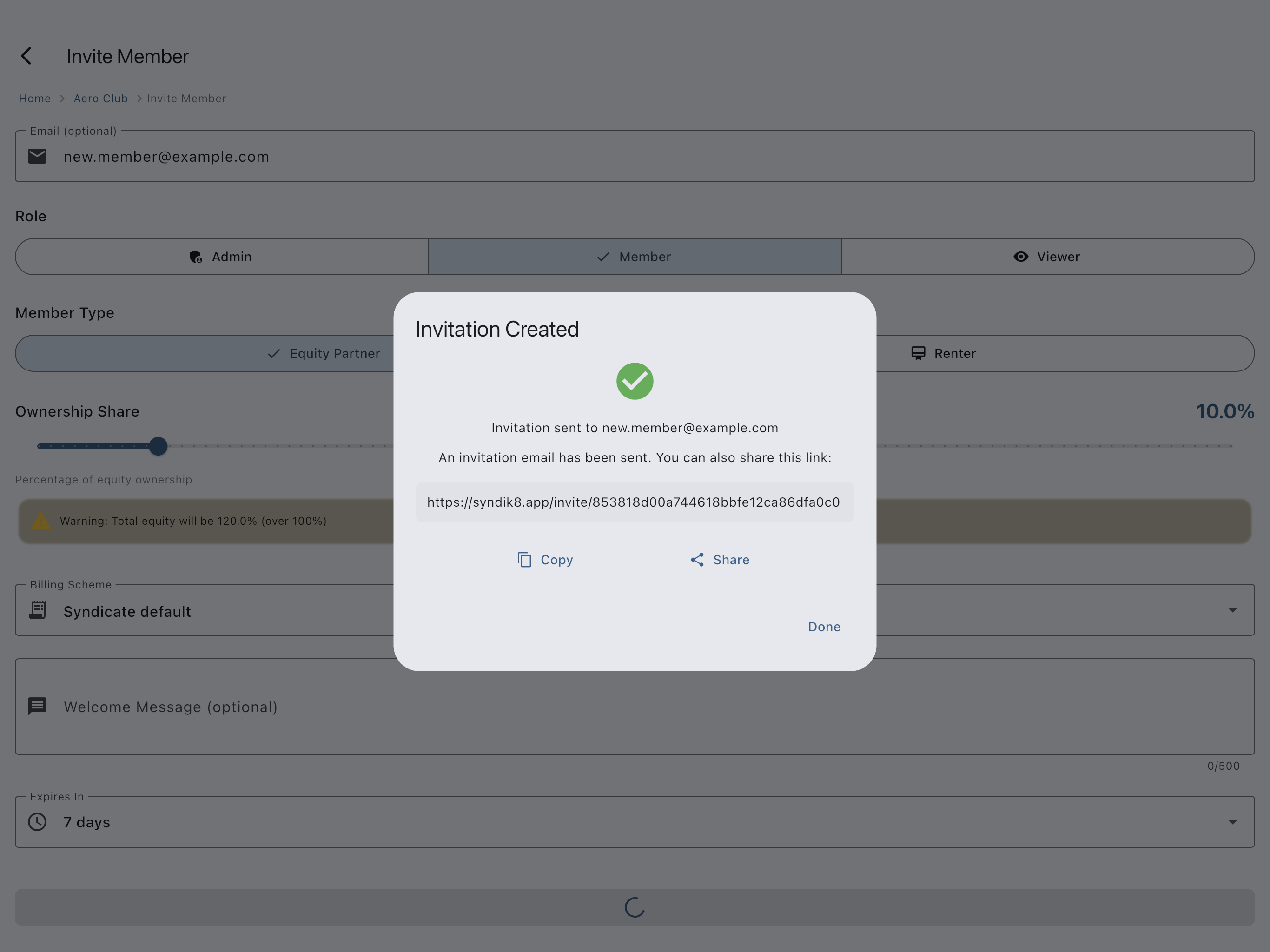 Invitation Created dialog with the shareable link, Copy, and Share controls