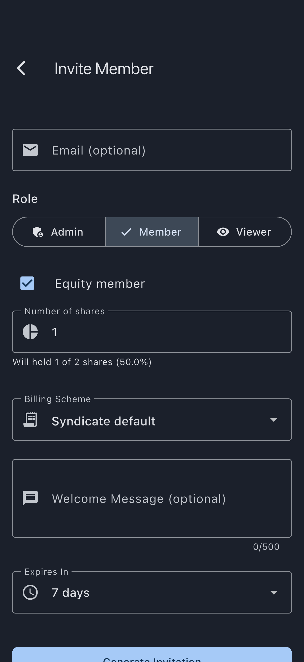 Invite Member screen with role selector, equity member toggle, and billing scheme selector