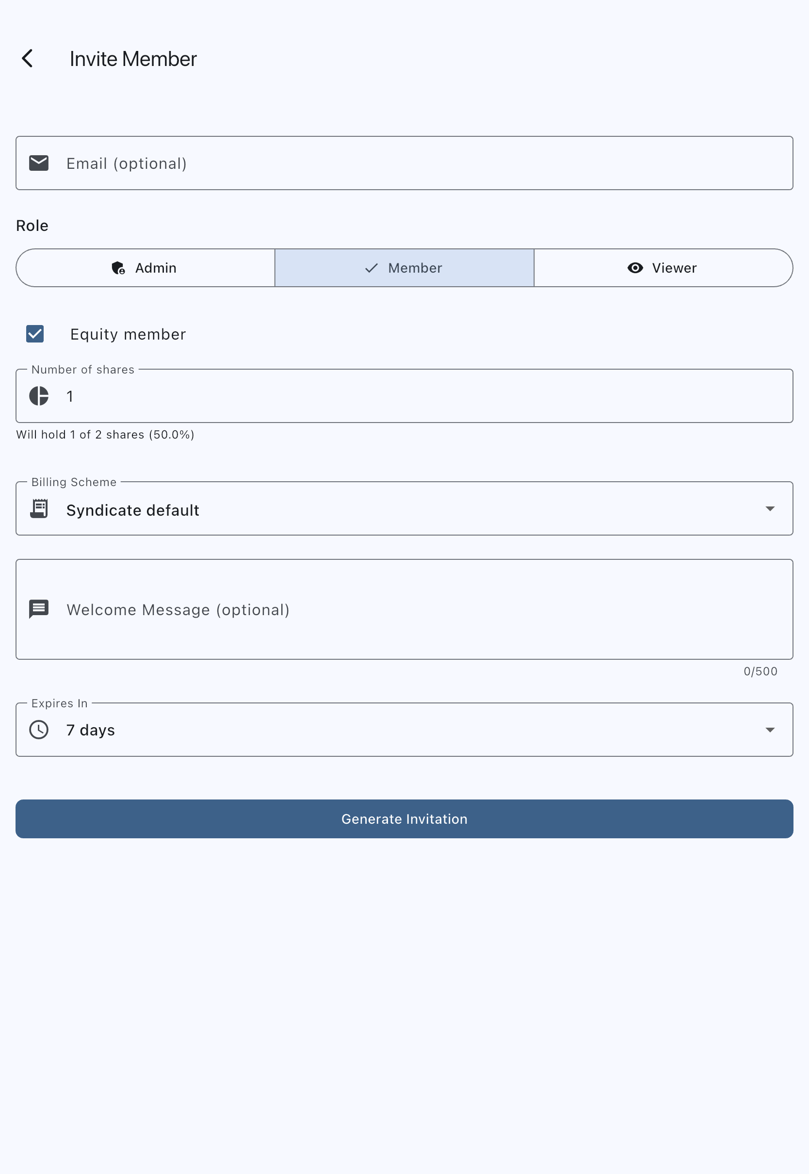Invite Member screen with role selector, equity member toggle, and billing scheme selector