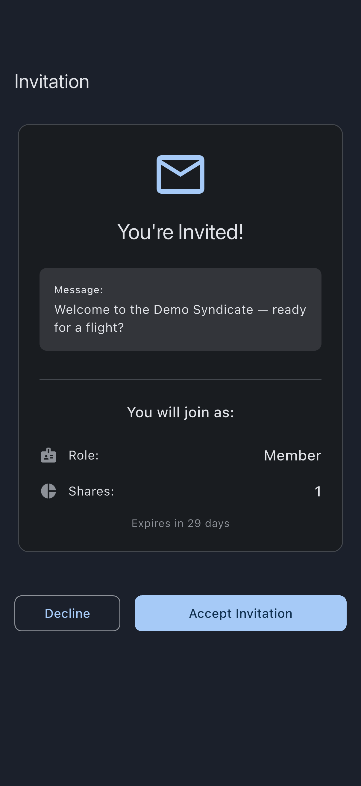 Invitation page for a signed-in user, showing Decline and Accept Invitation buttons