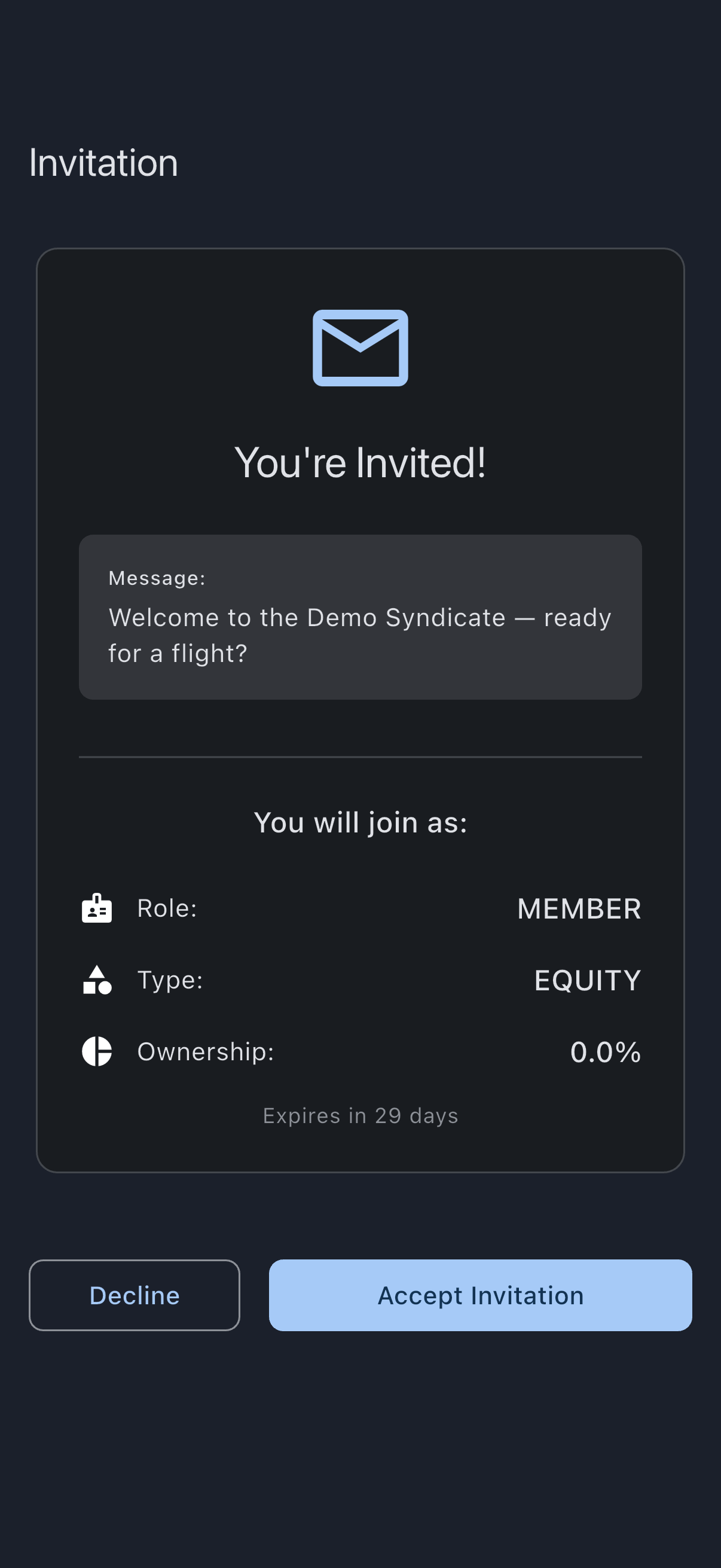 Invitation page for a signed-in user, showing Decline and Accept Invitation buttons