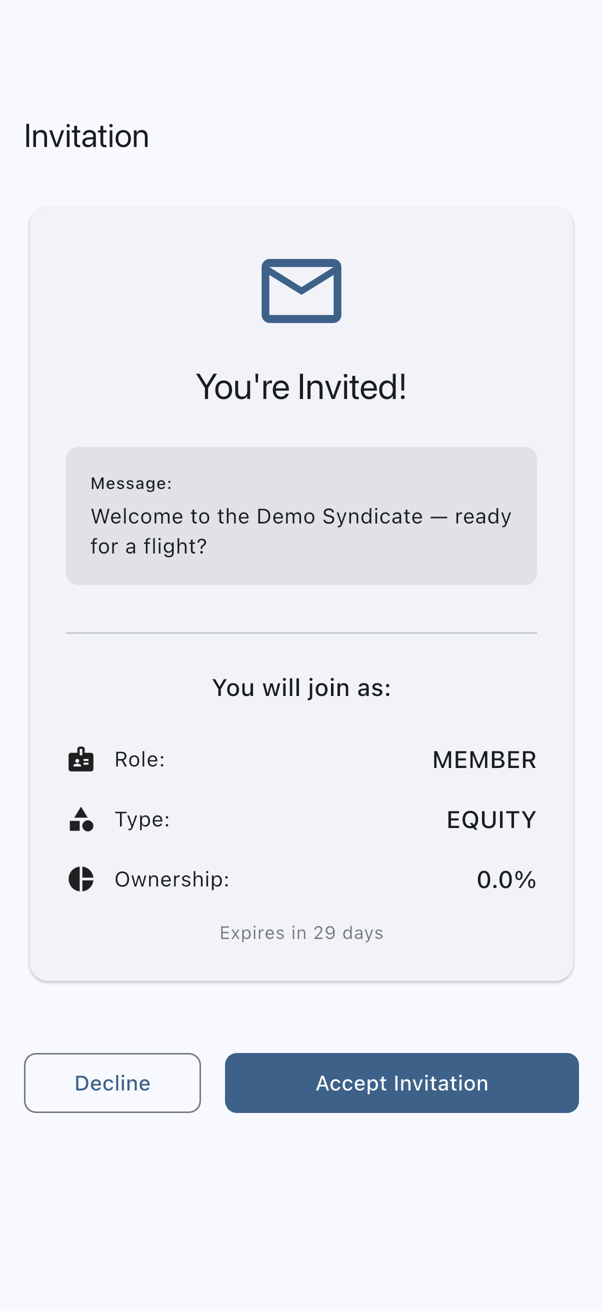 Invitation page for a signed-in user, showing Decline and Accept Invitation buttons