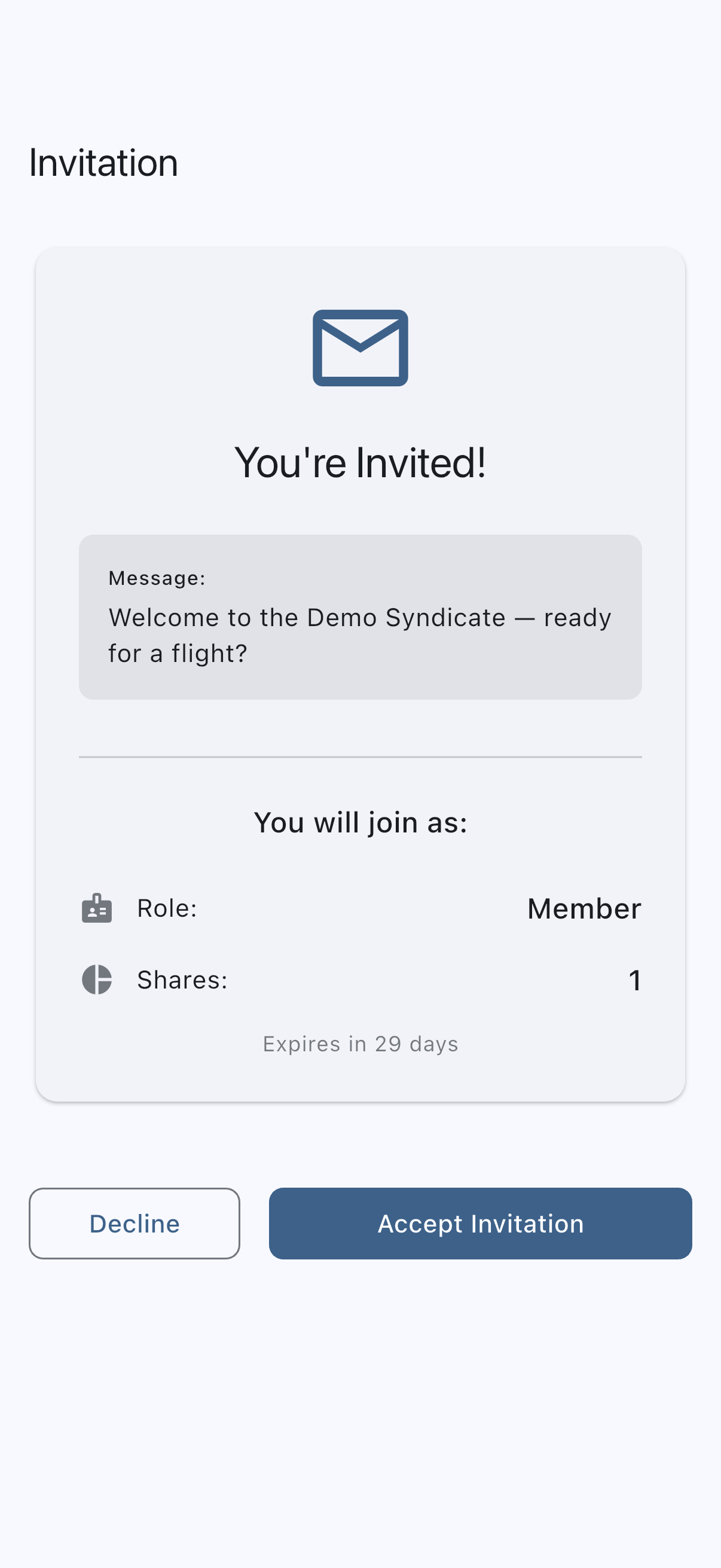 Invitation page for a signed-in user, showing Decline and Accept Invitation buttons