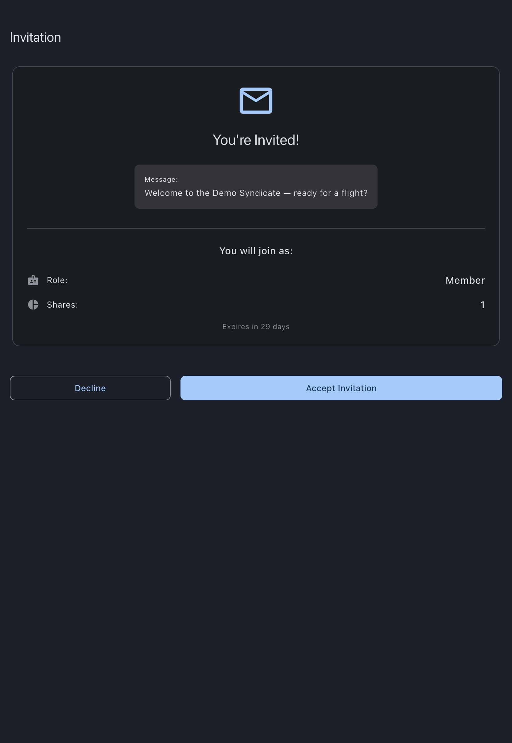 Invitation page for a signed-in user, showing Decline and Accept Invitation buttons