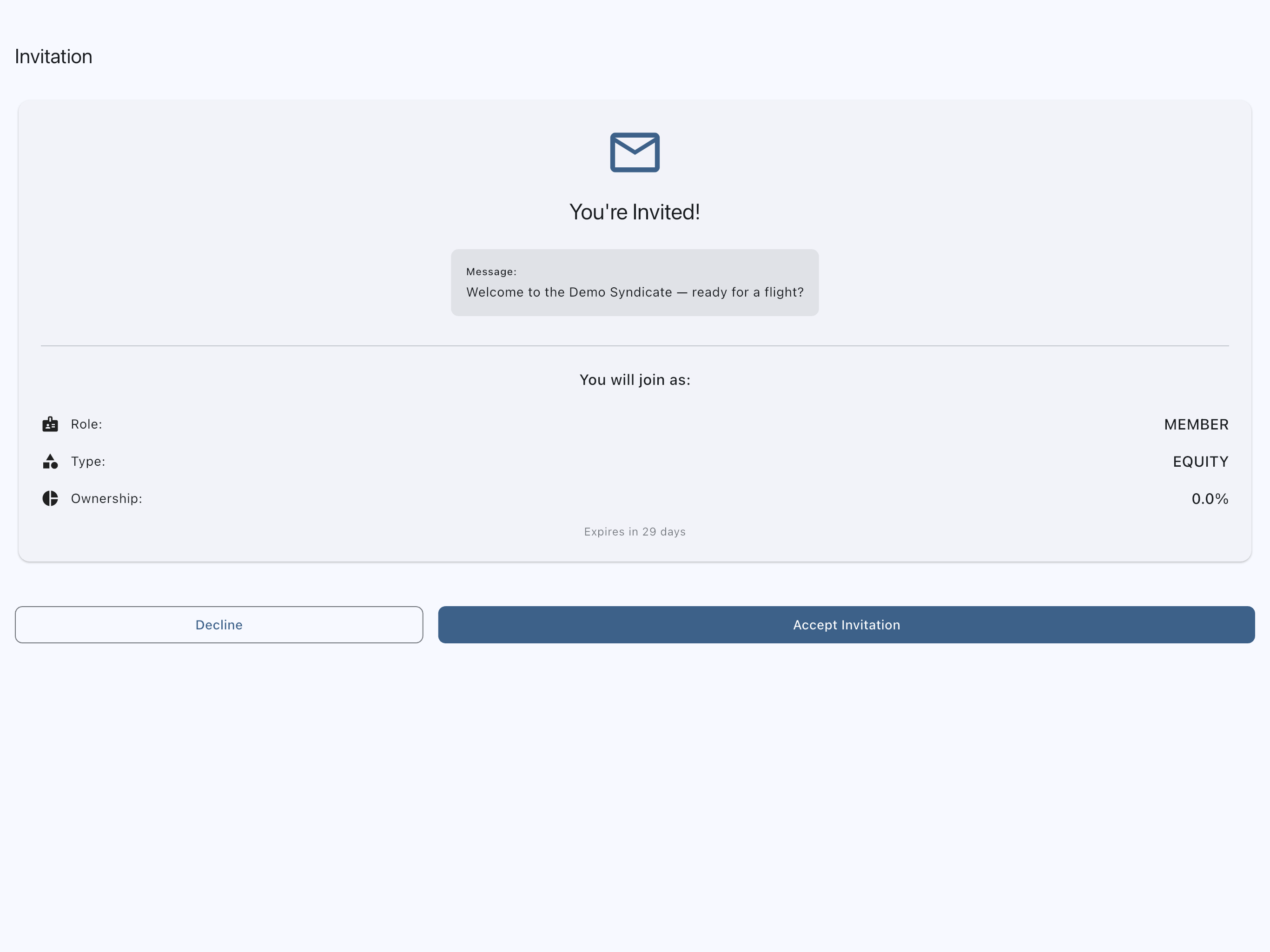 Invitation page for a signed-in user, showing Decline and Accept Invitation buttons